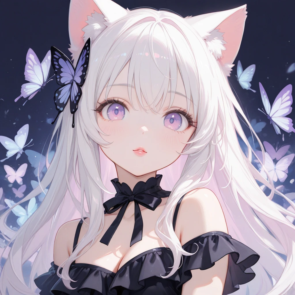 Cute girl avatar,White hair,Cyan eyes,There are butterflies in both ears,having fun,Anthropomorphic style,Disney style,Black strokes,ssmile,white backgrounid,8K,full bodyesbian