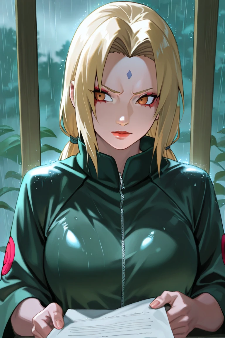 female (naruTo), 1人of女of子, solo, chest, Yellow_eye, upper_body, looking at_To_of_side, makeup, zipper, rain, paper, nose, open cloofs, paper jutsu, upper body, 木of葉of衣装, Tsunade、