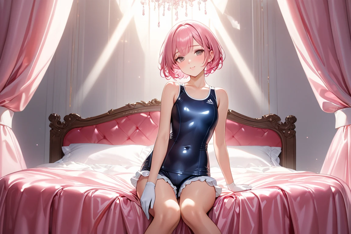 best quality, ultra-detailed masterpiece, nino nakano, one-piece swimsuit, breasts, pantyhose, blush, smile, cushion, bed room
