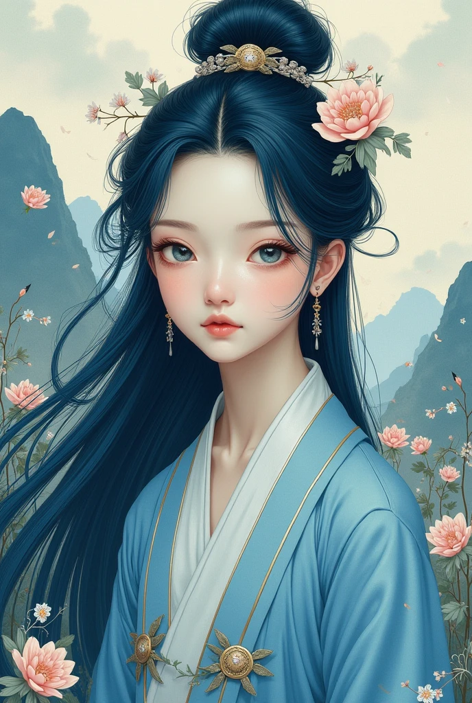 Masterpiece, Best Quality, Official Art, 8k Wallpaper, Very Detailed, Illustration, 1 Girl, Sky Blue Hair, Long Hair, Detailed Eyes, Forrest Gump, Bare Shoulders, Hanfu, Lake, Pure, Soft Smile, bamboo, tea