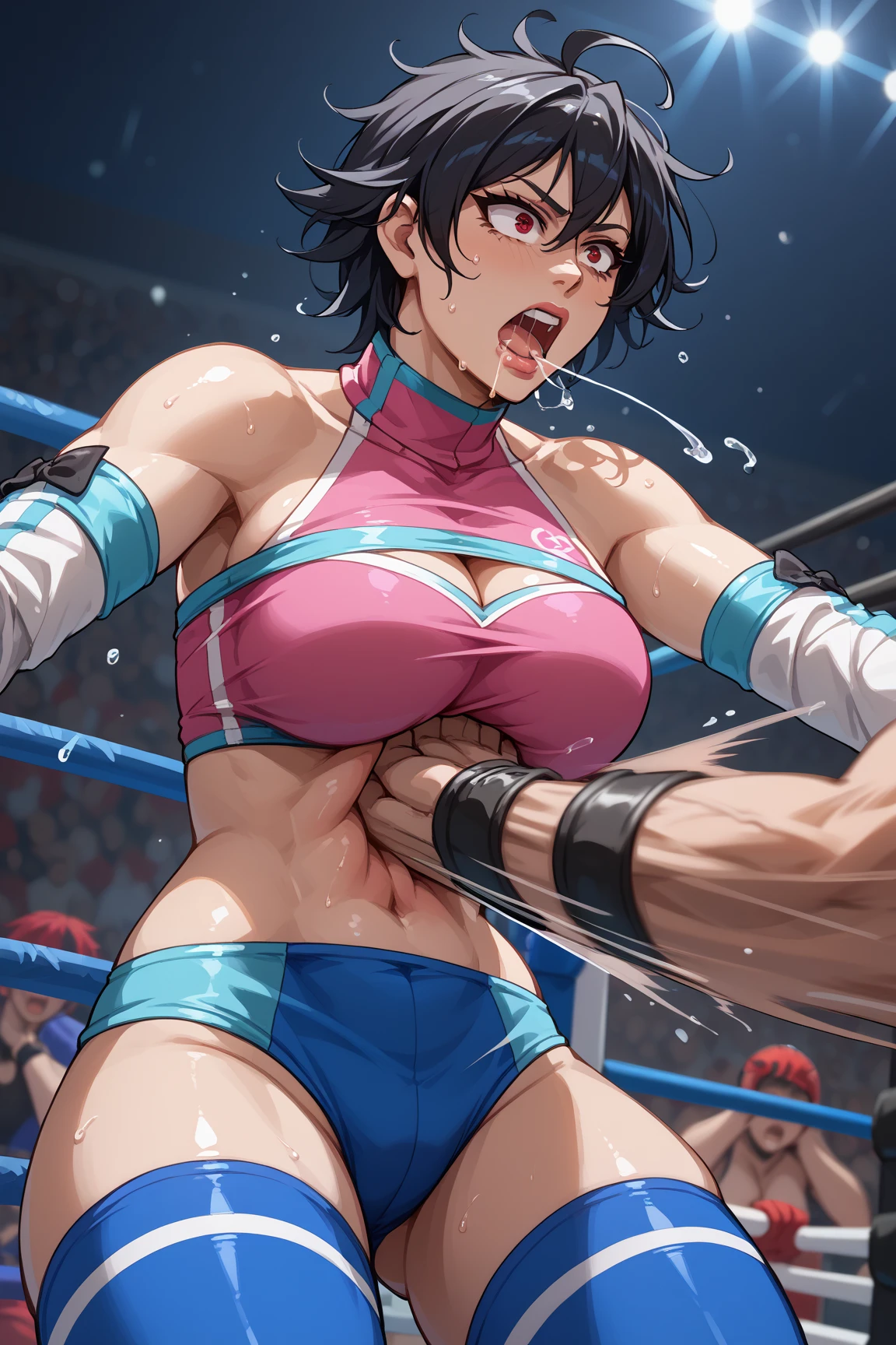 4K,UHD,(highly detailed:1.2) ,masterpiece、monokini,top-quality,hight resolution、Dark hair、Big eyes、white sporty boots、Sweaty skin、boxing venues、female boxer、((On the ring of boxing:1.ung girl, ((standing:1.2),topless,nipples,sweating,steam,(bleeding:1.3),smile,happy,victory
