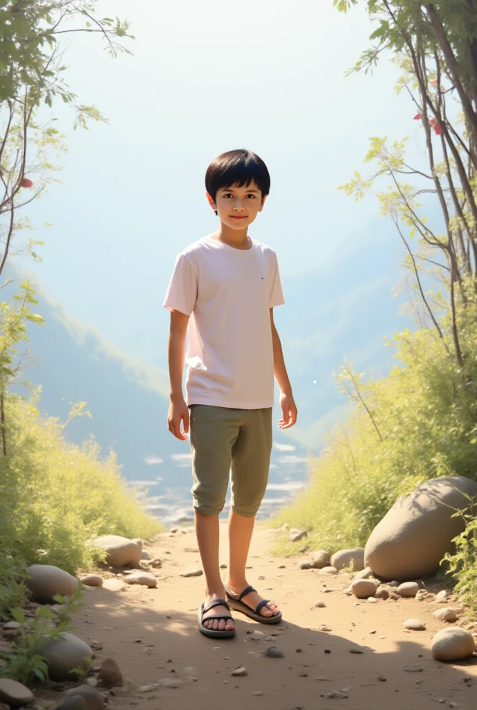 a 7 year old boy,Wearing a green top,White shorts,Wear white shoes,Walk in the ancient forest