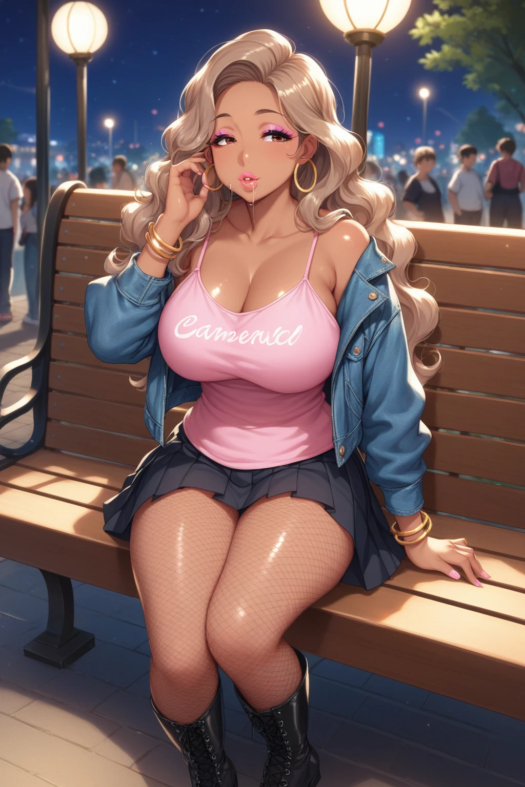 (nsfw),masterpiece,ultra detailed,sharp focus,4k digital art,high resolution,(standing at crowded street,outdoor),(aroused:1.5),(off-the -shoulder dress,necklace),(blonde hair,medium straight hair),(sweaty:1.2),(tanned skin:1.3),grinning,(trembling,flying heart-shapes:1.2),drooling,heart shaped pupils,skirt lifted,(dildo in pussy),plump female