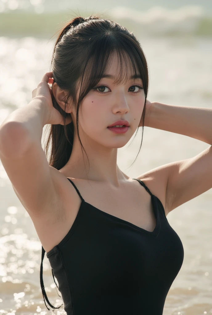 a closeup, ​masterpiece, top-quality, Raw foto, Photorealsitic, beautiful a girl, cute little, hair wavy、 depth of fields, hight resolution, ultra-detailliert, finely detail, ighly detailed, extremely detailed eye and face, Sharp pupils, Realistic pupils, foco nítido, Cinematic lighting、black bikini sexy bikini、the beach、夏天、profile、profile、full body Esbian、the setting sun