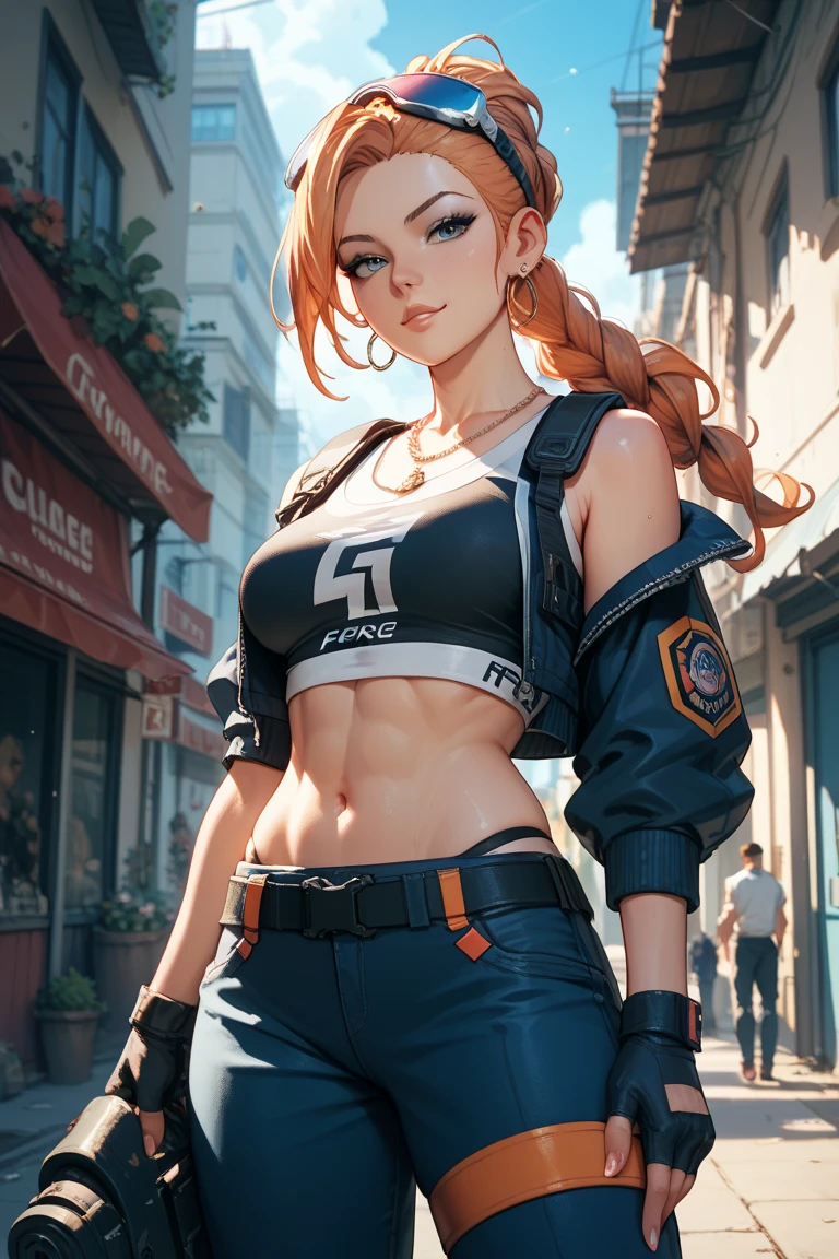 (masterpiece, best quality), 1girl, bangs, belt, blue eyes, blue hair, breasts, cleavage, collarbone, choker, gloves, gradient, gradient hair, heterochromia, jacket, looking at viewer, makeup, multicolored hair, navel, red eyes, red gloves, red hair, short shorts, shorts, solo, thighhighs, twintails, long hair, outdoors,