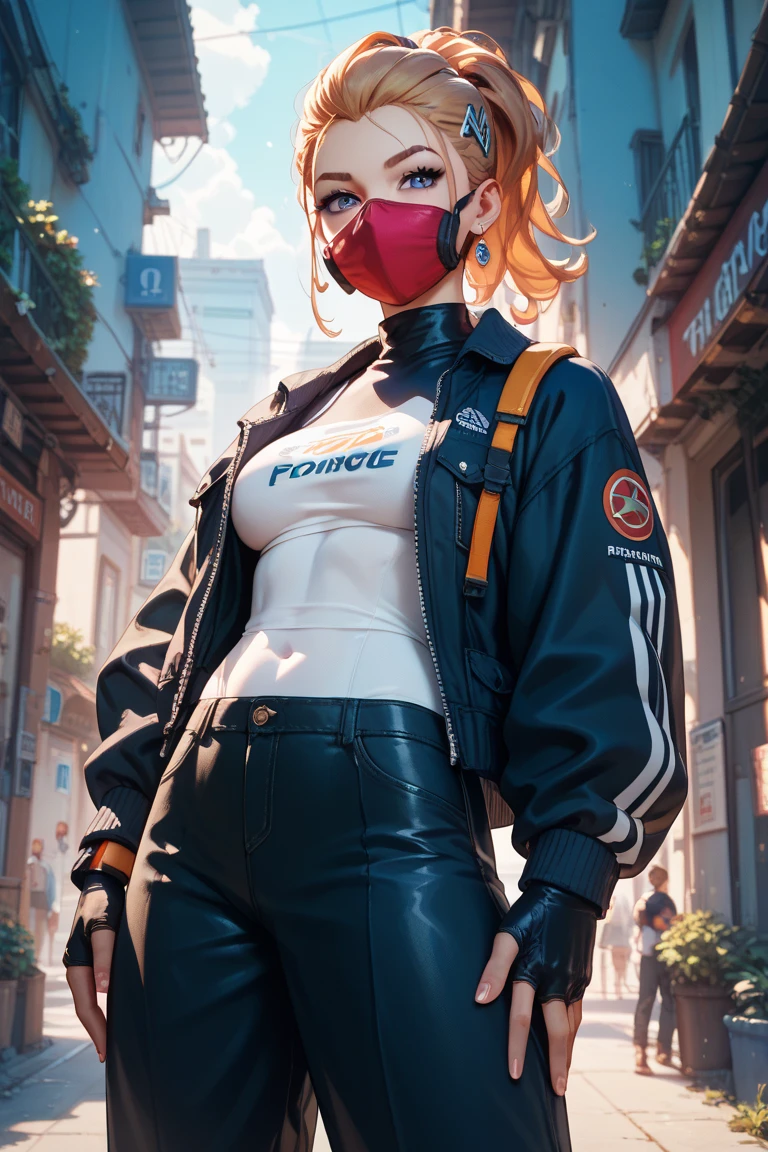 high quality, subsurface scattering, chromatic lighting,
colorized, red + white limited color palette, 
detailed concept drawing,
Street girl, cyberpunk, futuristic, full body, no weird things or color on her face,
portrait, 20yo 1girl, medium soft breasts, slender, crop top, jacket, combat pants, long red hair, blue eyes, posing