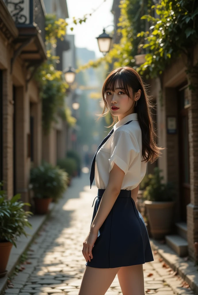 vintage vibe,street photography,retro color grading,face not change,cute girl,city background
