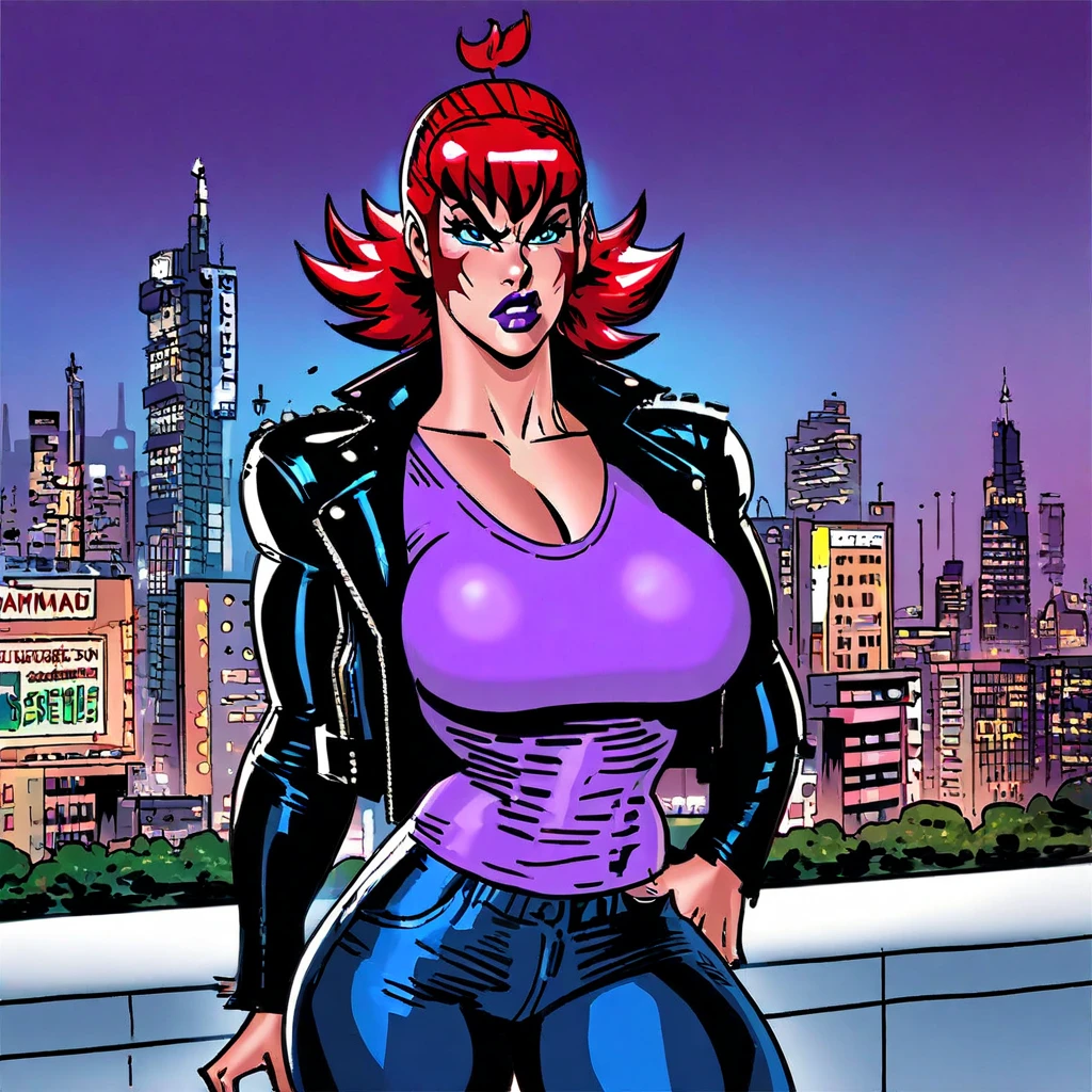 (melhor qualidade:1.3), (Qualidade 4K), 1 mulher madura, Mina Ashido de boku no hero, ((rosto detalhado)), (corar), cidade, (leather trousers)