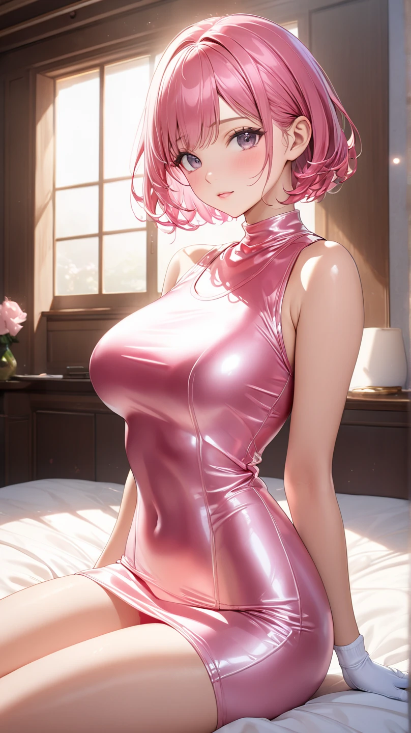 NSFW, ((anatomically correct hand:1.5)), anime, sexy, ((京都animeーション風に:1.5)), ultra precision, masterpiece, very very beautiful, princess face, ((1 woman)), ((alone:1.5)), ((pink hair:1.5)), ((bob cut 1.5)), break, ((black eye)), shortcut, ((straight hair)), break, complete limbs,((full finger:1.5)), NSFW, ((Beautiful girl in a shiny metallic dress:1.5)), break, ((skin dents)), professional lighting, (25 years old), tight waist, shiny skin ((brown skin:1.5)), ((oily skin)), glowing skin, looking at the viewer, cowboy shot, ((dynamic pose:1.5)), looking at camera, in the room, sexy, slight smile, slightly open mouth, ((cute)), ((model pose:1.5)), ((arms behind)), super detailed face, ((thin lips:1.5)), sexy, ((droopy eyes)), slight smile, sexy, looking at camera, sexy, (big breasts),