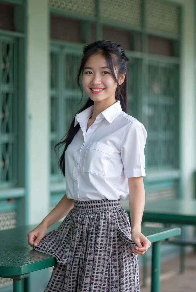 female, 1 beautiful indonesian girls, wearing indonesian high , indonesian high grey skirt, smile, dynamic pose, Fullbody, curvy body, good hand angle, white shirt, Eye-Level Shot, 135mm, bokeh, god rays, reflection light, masterpiece, best quality, highres, HD, 8k, textured skin, high quality, UHD