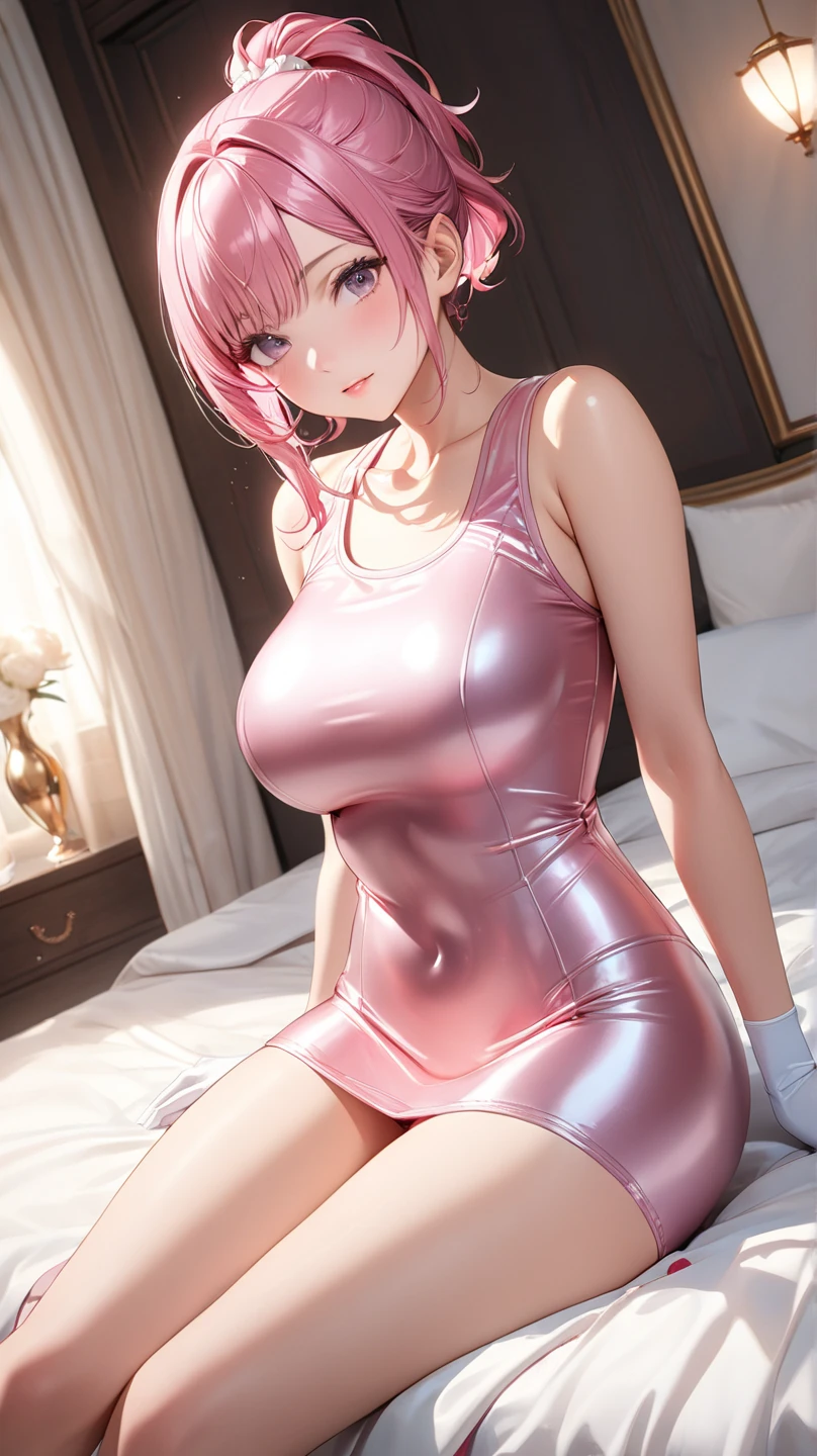 (((fishnet costume))), masterpiece， Best quality at best， 1girll， Sakura Haruno， Large breasts，Off-the-shoulder attire，（cleavage)，（full body closeup)，Raised legs ，is shy，with pink hair， long whitr hair， （Green eyeballs:1.4)， sexy , body