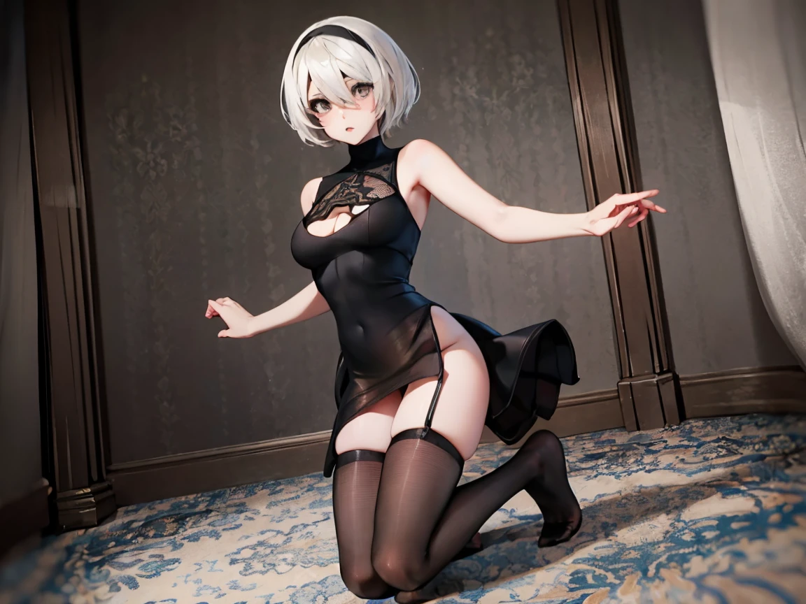 1girl, black dress, Loose dress, short hair, white hair, heterochromia, yellow eye, blue eye, long dress, cat ears