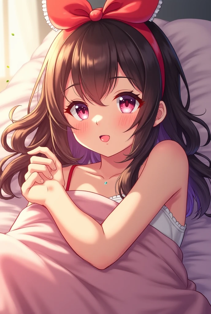 Mofumofu、oxytocin、longshot、High Position、(Best Quality), Round face、 1 girl,(High Detail Skin, (Puffy eyes), Smile, Soft lighting, High quality, Shortcut Hair,Purple eyes、Brown hair、Pretty girl's room with pink、(Whole body-V、4-S750)、tender