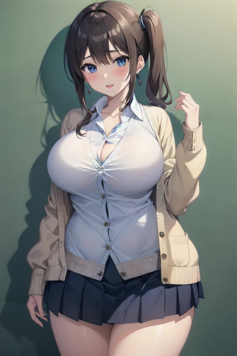 (masterpiece:1.4)、(highest quality:1.4)、ultra high resolution、beautiful features、20 year old woman、Black hair bun hair、blunt bangs、brown eyes、gray long sleeve collared shirt、Plaid skirt、(huge breasts:1.2)、red face、smile、Stand against the wall、Arms behind the body、bust up shot