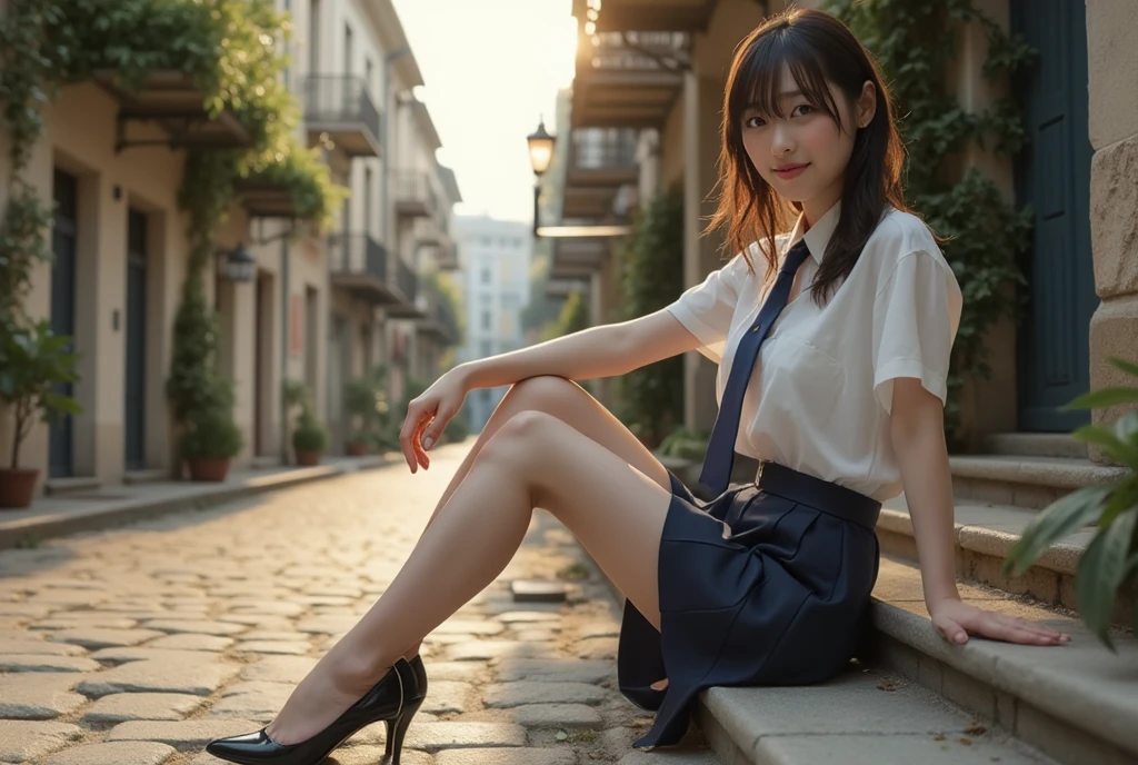 8K, Ultra-high resolution, Highest quality, masterpiece, 三分割法によるphotograph,Surreal, photograph, 1 Girl, (16 years old:1.3), pretty girl, Cute face, Beautiful eyes in every detail, 細かくdetailedに,masterpiece,, One Girl:1.2, Japan Female Announcer,whole body, ((Biologically correct limb count))、((whole bodyショット, 顔を含むwhole bodyphotograph、頭からつま先までのphotograph))、((Focus on the face))、((Symmetrical facial features))、((Shiny black stockings、shiny leather skirt、White Leather Jacket、High heels with anklets))、((Sitting on the edge of a fountain in the park early in the morning, Look straight into the camera)),A carefree smile,Heal the heart,Black Hair,Short Bob,Looking at the audience、beauty,Long neck、Laugh a little、Please close your mouth and laugh、(((Ideal body type))),A cup small breasts :2,、Portraiture:2、Perfect Anatomy、鮮明なdetailed、detailed、Surreal、Light and shadow,Strong light