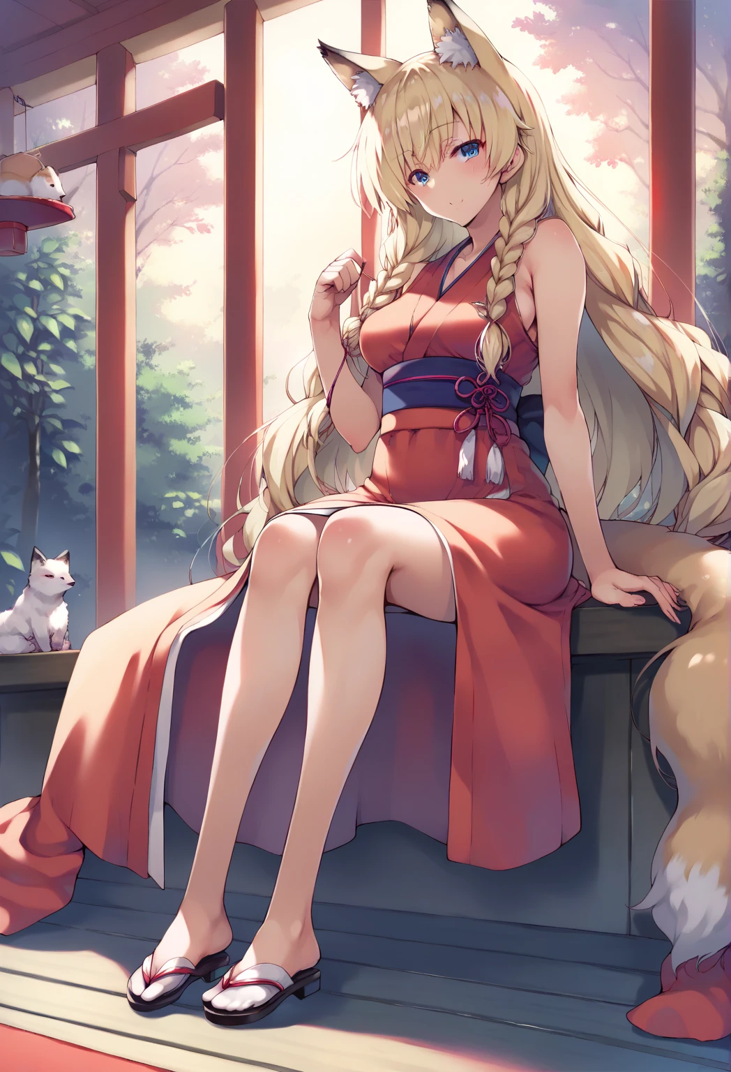 1 girl(masterpiece,top quality,best quality,official art,Beauty and aesthetics:1.2),blonde hair,green eyes,long hair,big sister,tall figure,enchanted,enchanting,Flushed complexion, playful expression while Blushing, super gigantic breasts,Breasts larger than the head, kimono, clogs,Off the shoulders, cleavage,Sitting on the stone steps by the water of a hot spring, thigh exposed.