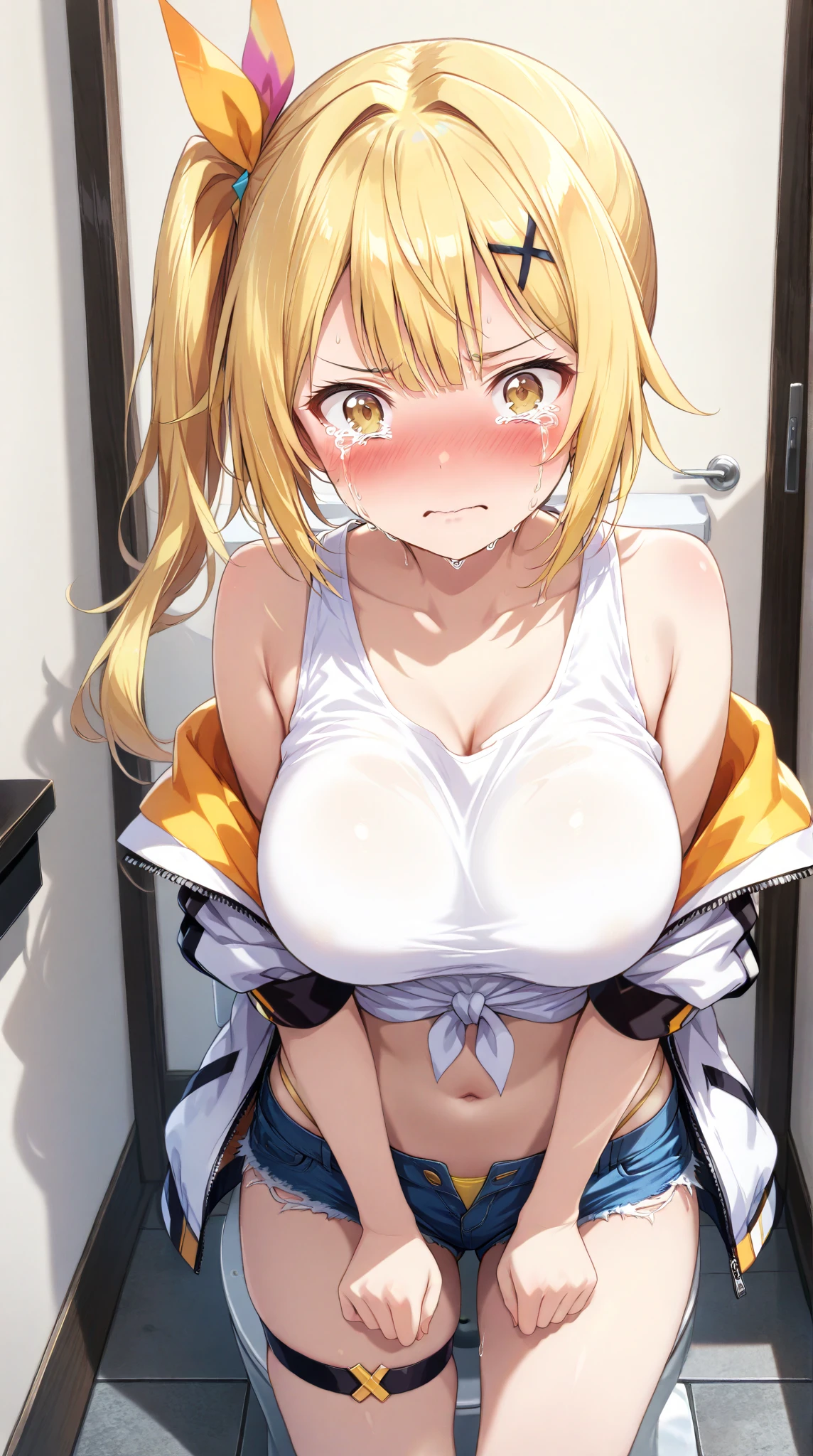 Tabletop, Highest quality, One Girl,Shoot the girl in front, View your audience, cute, good, Mid-chest, Yellow Eyes, Behind Wallenstein, Yellow Hair, Long Hair, Beautiful attention to detail, Embarrassing,blush,is crying,((Raise your arms to show off your armpits:1.3)),Underarm, Sweaty,(Upper Body:1.3), White Dress,Toilet Background, ((spouse, Empowered))、((Shyness:1.3))、Visible nipples、Show off your nipples、nipples protruding from clothes,、Small breasts