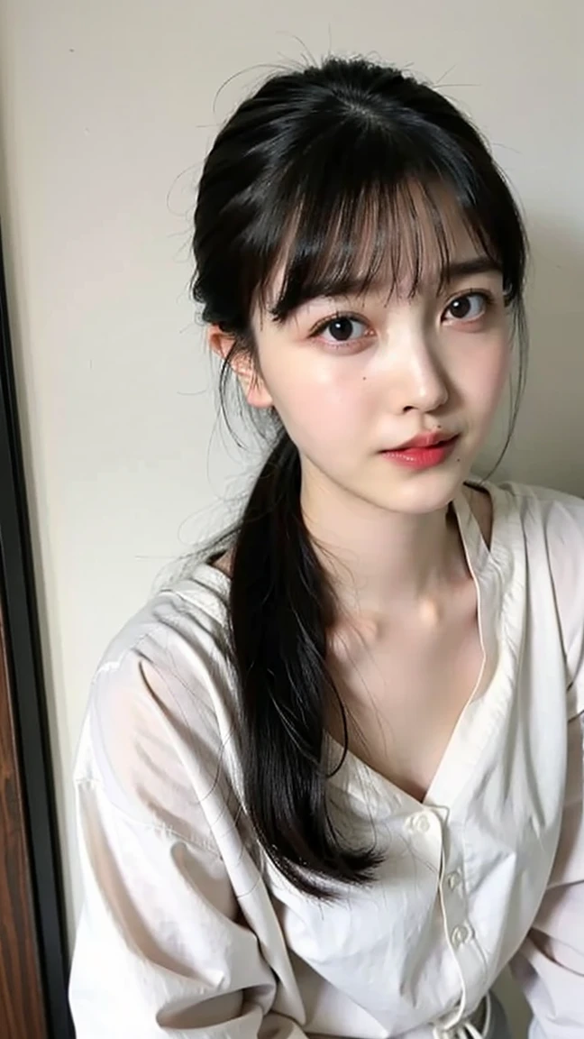 masutepiece, Best Quality, 
Ultra-detailed, finely detail, hight resolution, in 8K,
((Photorealsitic:1.4, Raw photography, 超A high resolution,Top image quality: 1.4)),
Wallpaper, 
((Composition that includes the perfect whole body)), 
Beautiful detailed eyes, Natural Color Lip,
((a serene smile:1.5)),
((Random and cute hairstyles)), 
((Random and cute poses)),
((Colossal tits、cleavage of the breast:1.2)),
((Shirt with open chest:1.5)),
((Legs wide open:1.5)),
((breastsout、under look eyes、Mole on the arm:0.9)),
((from the front side)),
((Random blurry background)),
((Lie down on the bed)),, 
((Lean forward with your chest between your arms))
very detailed and professional lighting、
((Random and cute facial expressions:1.5))、
((thigh visible、White panties are visible:1.5))