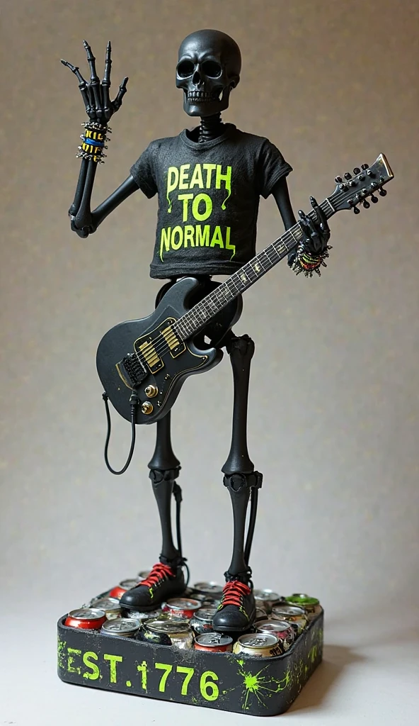 A mixed-media piece using collage and acrylics, portraying a zombie musician. Its guitar is cobbled together from broken instruments, its strings woven from tangled vines. As it plucks the strings, discordant melodies echo through the decaying concert hall