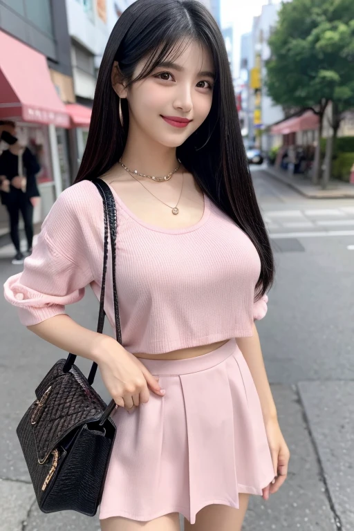 masterpiece, best quality:1.1), (8k, raw photo, photo realistic:1.2, f22), (shiny skin), detailed skin,medium hair,detailed face, detailed eyes, smile, intricate details, 1girl, jacket ,mini skirt,orange, pink, cleavage, by the pond