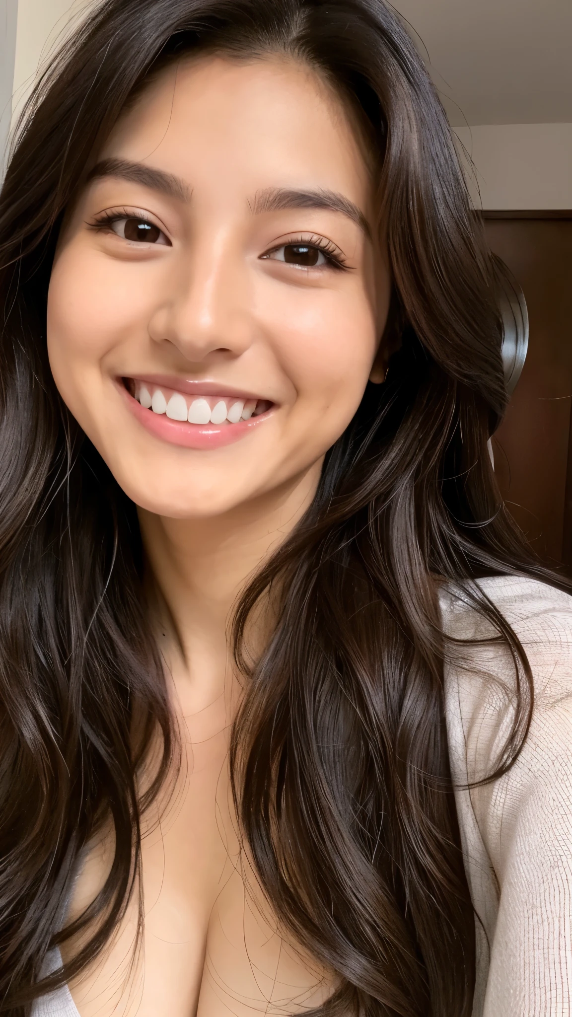 1 mexican girl, 25 years old, Long Wavy black Hair, dark brown eyes, black hair, nude, cleavage, smiling