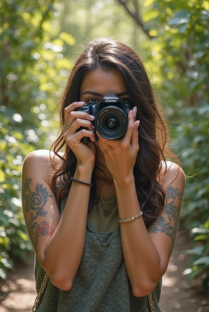 Brown skin woman in bikini, brown skin at the beach, model posing,Brightly colored tattoos on arms and legs,(tattoo all:1.5),a close up of a camera on a tripod in a field, tripod, wide lens photography, wide angle lens photography, high quality dslr photography, 8 k time - lapse functions, shot with canon eoa 6 d mark ii, camera on the ground, low angle camera, photography hight quality, low angle photography, professional photography canon, camera from a low angle
