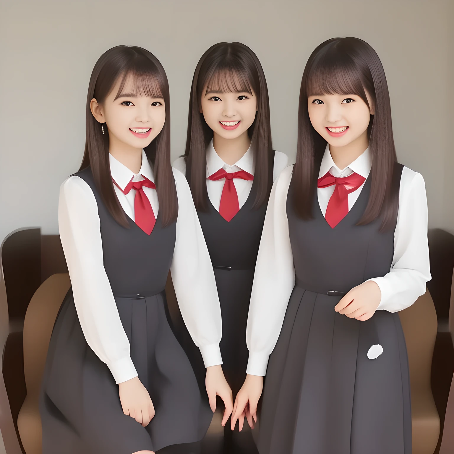 (highest quality, masterpiece, high resolution:1.2), 4K, (Photo quality detailed foreground: 1.2), geometry, (Two noble alluring succubi of Cute noble beautiful slender girl girly very-long-hair Japanese photo model are seated in front of gorgeous lascivious grand piano and looking at the viewer with her too beautiful eyes like laughing fashion model: 1.3), (Using expensive face-whitening cosmetics to make her skin more beautiful and pure by professional makeup artist: 1.5), (devious girlish fascinating laughter in bliss, devious girlish pose: 2.0), Laughing cutely, ((Dark blue) Japanese school girly vest Uniform with neat girly light-yellow short-sleeves school blouse, puffed short sleeves: 1.2), (white socks and school loafers, kicking back: 1.5), (Dark red glossy glossy school ribbon on the breast: 1.0), (Extremely laughing cheeks: 1.8), (Beautiful light-amber large clear open eyes with balanced and detailed cutely: 1.4), (double eyelids: 1.0), (highly curled bangs: 1.2), (Expressing the greatest joy with her whole body: 1.2), (Glossy lips: 1.0), (too long very straight hair reaches her hips: 1.7), (cute earrings), (making the viewer crazy with her beautiful hands: 1.6), (white and clear skin: 1.0), (Laughing 13yo cute princess's eyes looking at me: 0.8), (Very shy, cute, slender, pretty, pretty, too girly & Girlish: National Beautiful Girl Grand Prix winners: 2.0), (Everything is organized to have strong effect of hypnosis for the viewer to fall into happy dream with many beautiful girls: 1.5), (The viewer must be transferred to the world of only beautiful girls right now when he sees the eyes of girls in the picture: 2),(Tight waist, slender: 1.5), (The girls know well about the viewer's super fetishism for school uniforms, and satisfies it completely: 1.7),