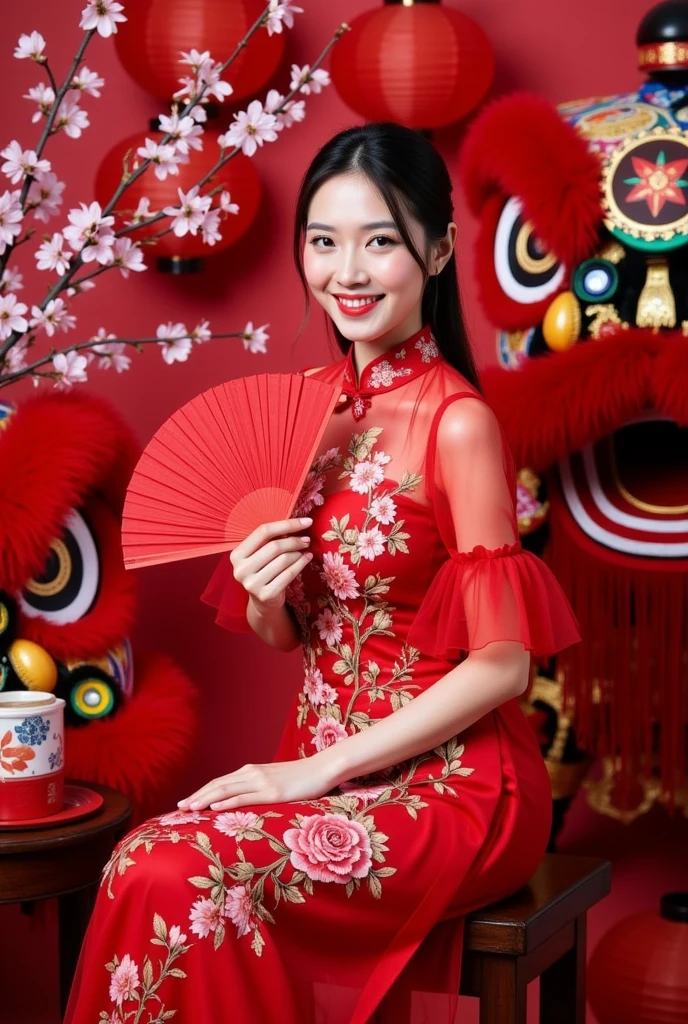 : reality picture A Chinese woman wearing a red cheongsam in Beijing holds a small red envelope from the 1950s in her hand., Create a New Year's atmosphere. พื้นหลังที่beautifulงามและแท้จริงคือการเชิดสิงโต. (การเชิดสิงโตที่beautifulงาม) Which is fun and enjoyable work.. The printed sheet said, "Happy New Year" beautiful, Realistic images, wide angle