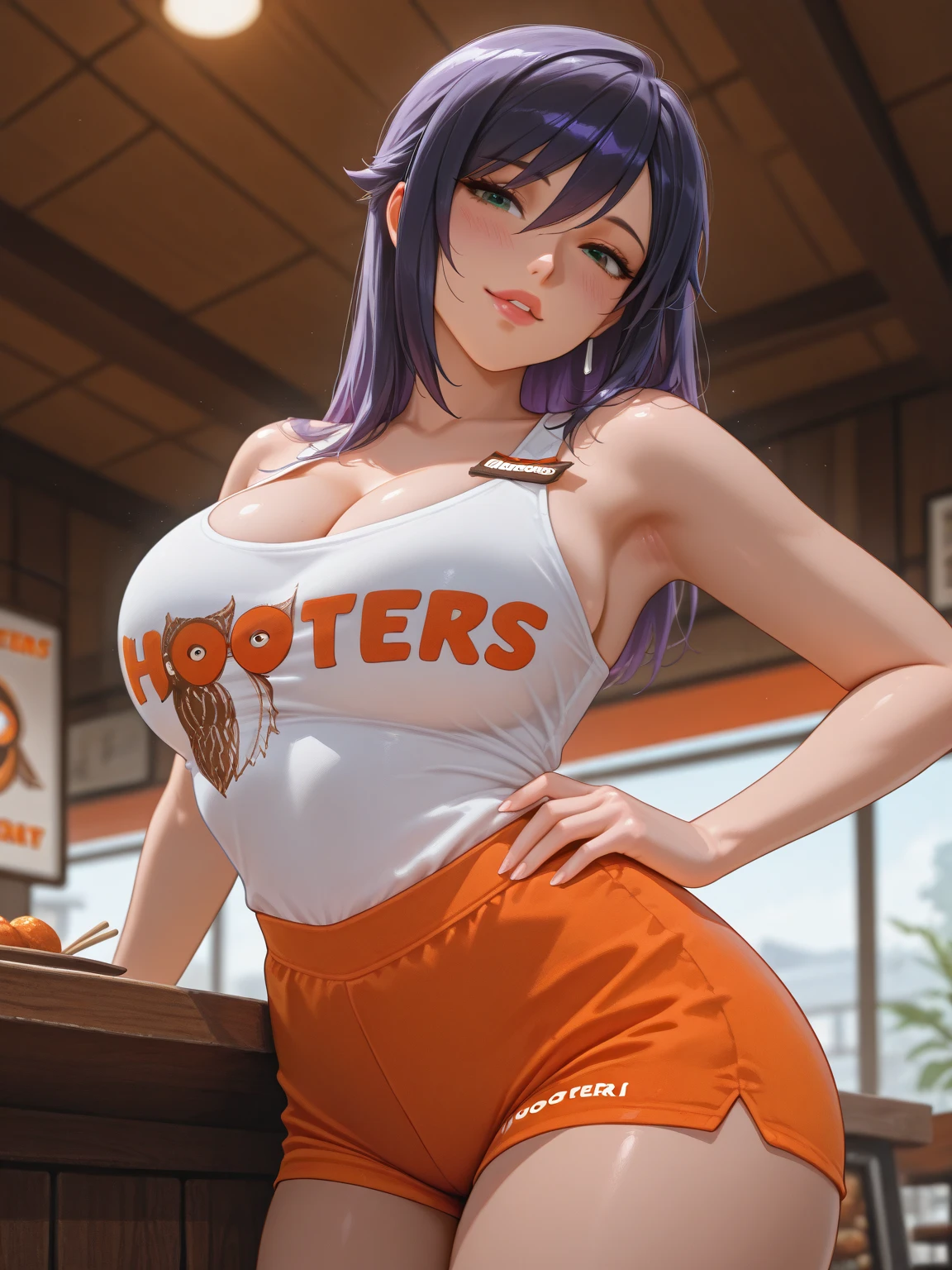 woman wear hooters logo orange and black