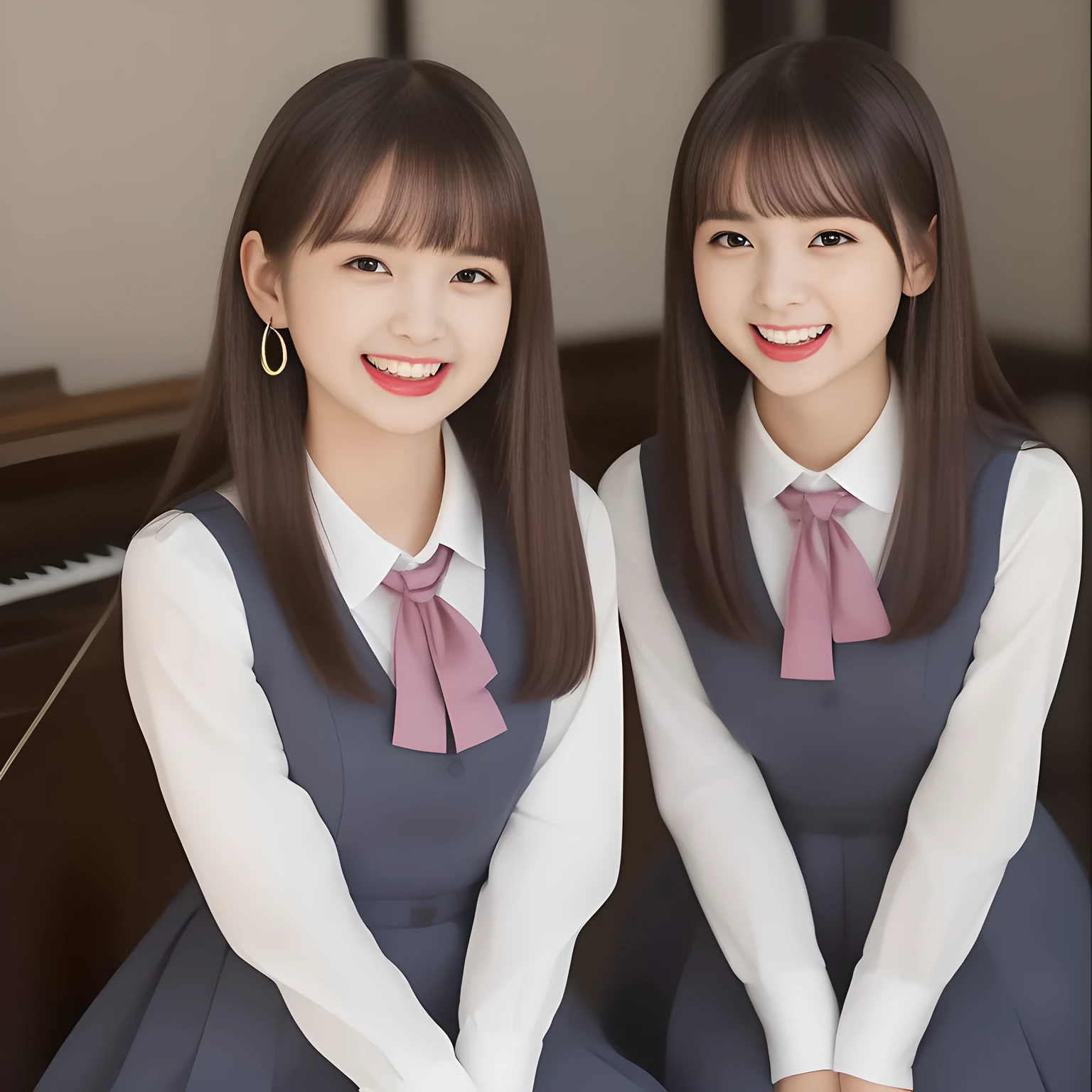 (highest quality, masterpiece, high resolution:1.2), 4K, (Photo quality detailed foreground: 1.2), geometry, (Two noble alluring succubi of Cute noble beautiful slender girl girly very-long-hair Japanese photo model are seated in front of gorgeous lascivious grand piano and looking at the viewer with her too beautiful eyes like laughing fashion model: 1.3), (Using expensive face-whitening cosmetics to make her skin more beautiful and pure by professional makeup artist: 1.5), (devious girlish fascinating laughter in bliss, devious girlish pose: 2.0), Laughing cutely, ((Dark blue) Japanese school girly vest Uniform with neat girly light-yellow short-sleeves school blouse, puffed short sleeves: 1.2), (white socks and school loafers, kicking back: 1.5), (Dark red glossy glossy school ribbon on the breast: 1.0), (Extremely laughing cheeks: 1.8), (Beautiful light-amber large clear open eyes with balanced and detailed cutely: 1.4), (double eyelids: 1.0), (highly curled bangs: 1.2), (Expressing the greatest joy with her whole body: 1.2), (Glossy lips: 1.0), (too long very straight hair reaches her hips: 1.7), (cute earrings), (making the viewer crazy with her beautiful hands: 1.6), (white and clear skin: 1.0), (Laughing 13yo cute princess's eyes looking at me: 0.8), (Very shy, cute, slender, pretty, pretty, too girly & Girlish: National Beautiful Girl Grand Prix winners: 2.0), (Everything is organized to have strong effect of hypnosis for the viewer to fall into happy dream with many beautiful girls: 1.5), (The viewer must be transferred to the world of only beautiful girls right now when he sees the eyes of girls in the picture: 2),(Tight waist, slender: 1.5), (The girls know well about the viewer's super fetishism for school uniforms, and satisfies it completely: 1.7),
