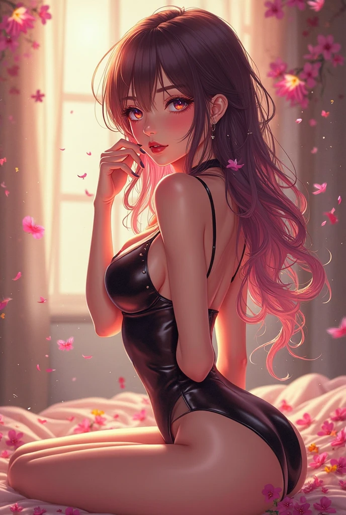 pink eyes, black hair, (pink highlights), Pink ribbon in hair, ((black background)), Official art, Unity 8k Wallpaper, Ultra-detail, Beautiful and aesthetic, masterpiece, Best Quality, (zentangle, mandalas, Tangle, Entangle), (fractal art:1.3) , 1girl, huge tits, extra thick thighs, Extremely detailed, Most Beautiful Form of Chaos, elegant, a brutalist designed, vivd colour, romanticism, Atmospheric, arms behind back, (((((anime style))))), thick body, think waist, big hips, intricate and ornate patterns, sitting, ((legs spread open)), 