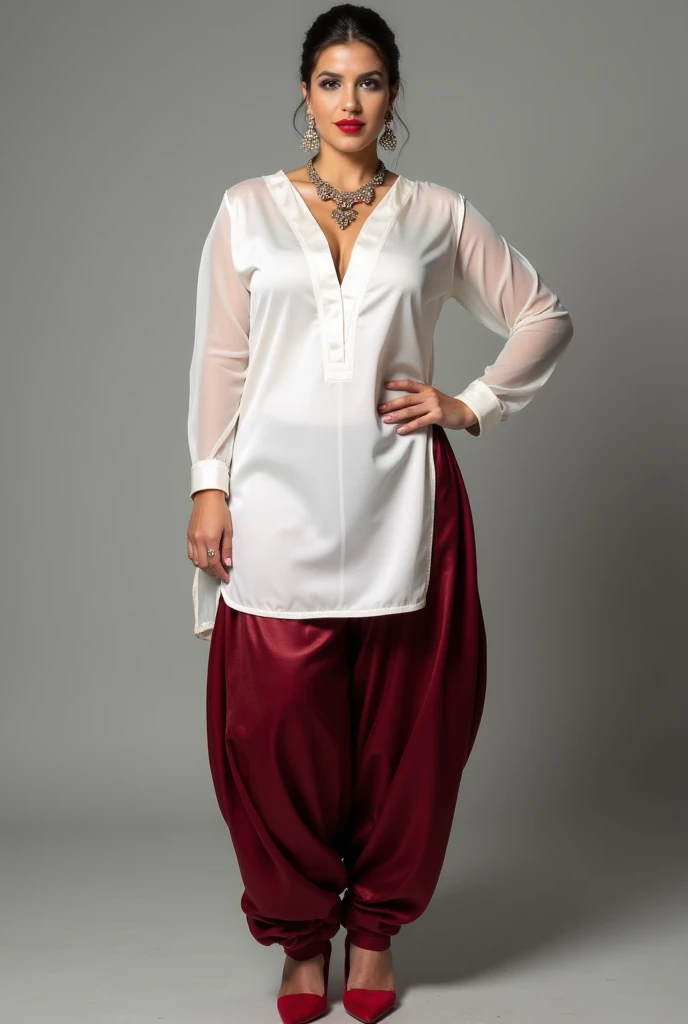 close up, (front focus), Beautiful Indian women, curvy, chubby women, ((waring maroon color silk kurta))), ((silk kurta and pant)), beautiful face, makeup, mesmerizing eyes, luscious lips, wavy hair, outside the house, in the garden, happy, ((front pose)), beautiful sexy body, ((good proportion)), seducing, realistic background, pose, chubby women, sharp front focus,