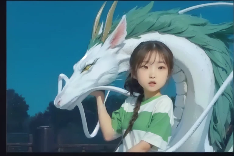 girl, brown hair with ponytail, white t-shirt with green stripe, white dragon