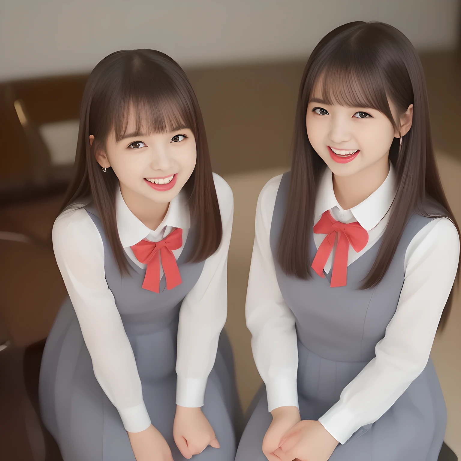 (highest quality, masterpiece, high resolution:1.2), 4K, (Photo quality detailed foreground: 1.2), geometry, (Two noble alluring succubi of Cute noble beautiful slender girl girly very-long-hair Japanese photo model are seated in front of gorgeous lascivious grand piano and looking at the viewer with her too beautiful eyes like laughing fashion model: 1.3), (Using expensive face-whitening cosmetics to make her skin more beautiful and pure by professional makeup artist: 1.5), (devious girlish fascinating laughter in bliss, devious girlish pose: 2.0), Laughing cutely, ((Dark blue) Japanese school girly vest Uniform with neat girly light-yellow short-sleeves school blouse, puffed short sleeves: 1.2), (white socks and school loafers, kicking back: 1.5), (Dark red glossy glossy school ribbon on the breast: 1.0), (Extremely laughing cheeks: 1.8), (Beautiful light-amber large clear open eyes with balanced and detailed cutely: 1.4), (double eyelids: 1.0), (highly curled bangs: 1.2), (Expressing the greatest joy with her whole body: 1.2), (Glossy lips: 1.0), (too long very straight hair reaches her hips: 1.7), (cute earrings), (making the viewer crazy with her beautiful hands: 1.6), (white and clear skin: 1.0), (Laughing 13yo cute princess's eyes looking at me: 0.8), (Very shy, cute, slender, pretty, pretty, too girly & Girlish: National Beautiful Girl Grand Prix winners: 2.0), (Everything is organized to have strong effect of hypnosis for the viewer to fall into happy dream with many beautiful girls: 1.5), (The viewer must be transferred to the world of only beautiful girls right now when he sees the eyes of girls in the picture: 2),(Tight waist, slender: 1.5), (The girls know well about the viewer's super fetishism for school uniforms, and satisfies it completely: 1.7),