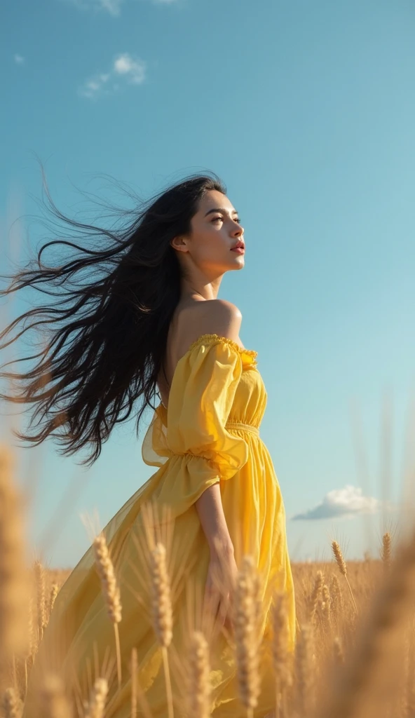 high detail, photorealistic, 8k, high quality, blurred background, photograph of a araffed in a yellow dress walking on the farm, model, ((from behind, looking up to sky)), countryside, straight brown hair, sasha grey, portrait sophie mudd, 18 years old, madison beer girl portrait, violet myers, she looks like a mix of grimes, maggie lindemann, very pretty model, arian mark, natural makeup, blue eyes, cleft chin, ((full body)), deep tan skin, glow, (winter, cold, sunny day), high detailed face, eyes in sharp focus, high quality face, high detailed hands, high quality hands, anatomically correct,