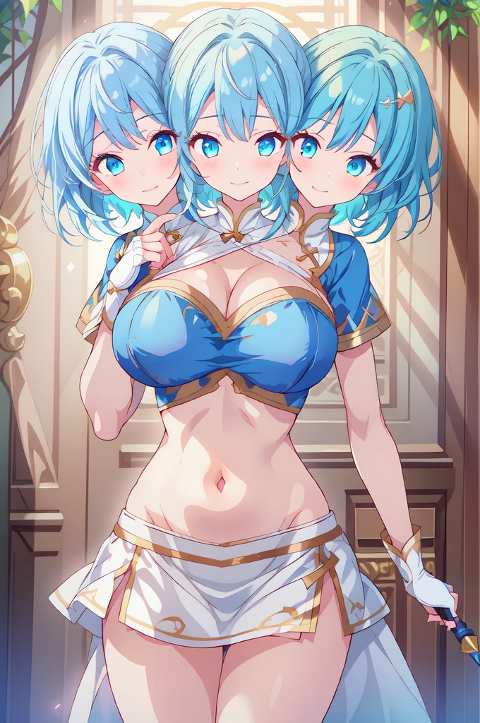 NSFW,((1man with 1woman,Having sex)),(grabbing another’s breast),selfee,((bared  chest)),(short light blue hair) ,((Heterochromia)),(Green and blue eyes),White Dress,Tiara on the head,Smile with open mouth,Revealing clothes, Lori,tiny girl,Poor chest,Curvaceous,High resolution,Best Quality