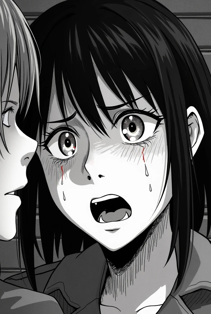 anime screencap, yuri, close-up, long hair, black hair, blue eyes, pussy juice, pussy juice in mouth, pussy juice on face, black lipstick, open mouth, (tears:0.5)