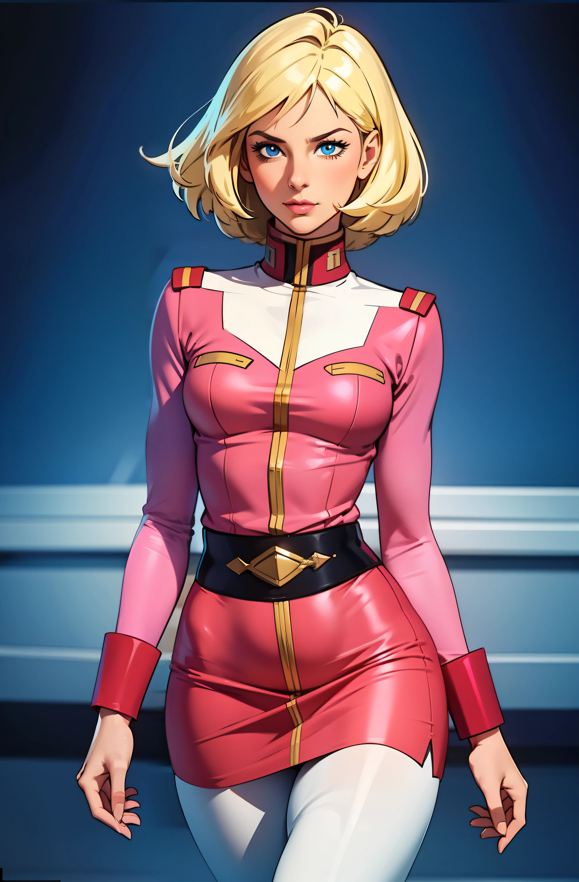 ((masterpiece)), ((cinematic lighting)), realistic photo、Real Images、Top image quality、1girl in, sayla mass, Elegant, masterpiece, Convoluted, slim arms, wide hips, thick thighs, thigh gaps, Best Quality, absurderes, high face detail, Perfect eyes, mature, Cowboy Shot, , Vibrant colors, soft pink uniform, soft pink Skirt, white tights