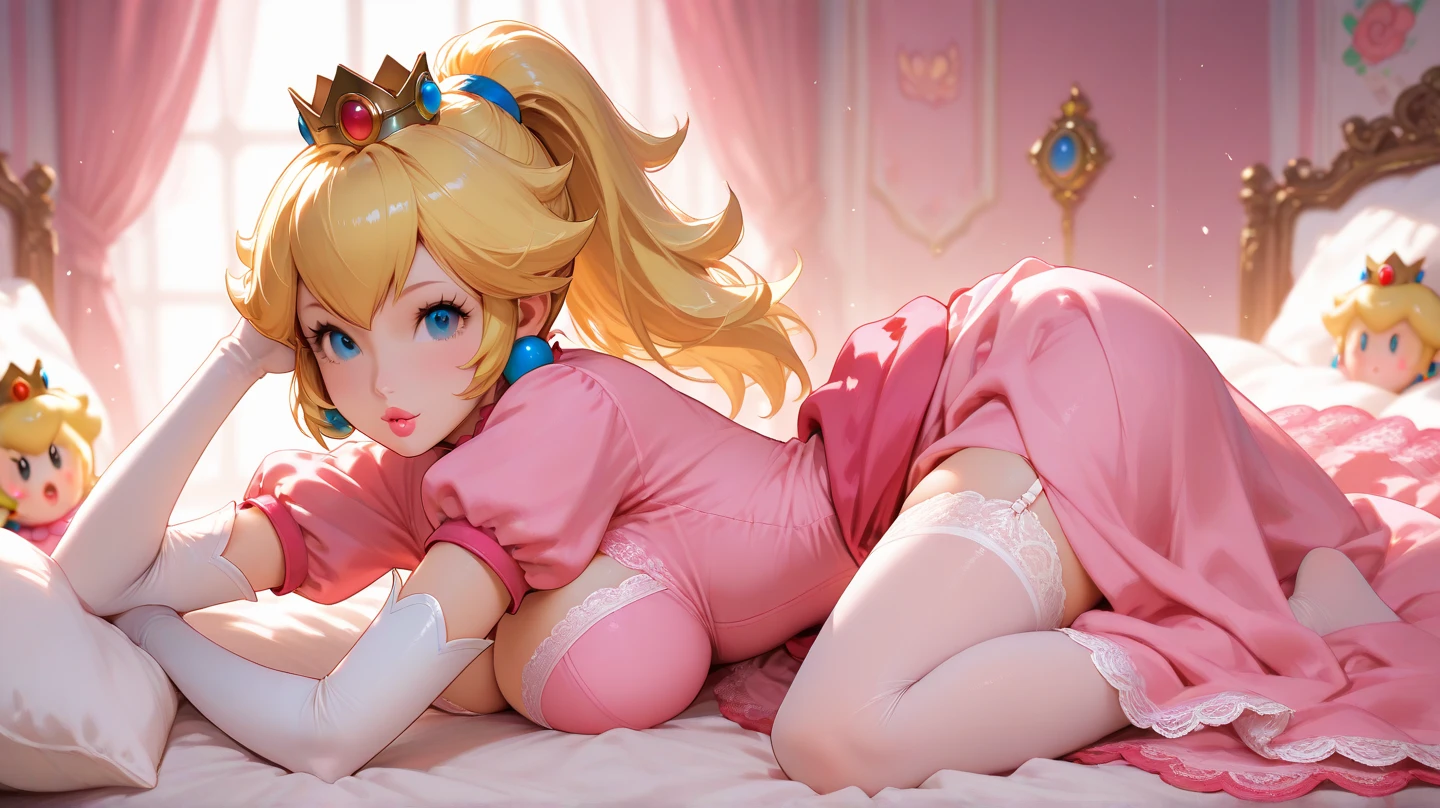 Princess Peach, blue eyes stunning proportions, pink dress, white background, long hair, extremely detailed, (frills), full body shot, cleavage, spread legs, on back, pink thighhighs, sweating, wet, blush, in love with the viewer, white panties