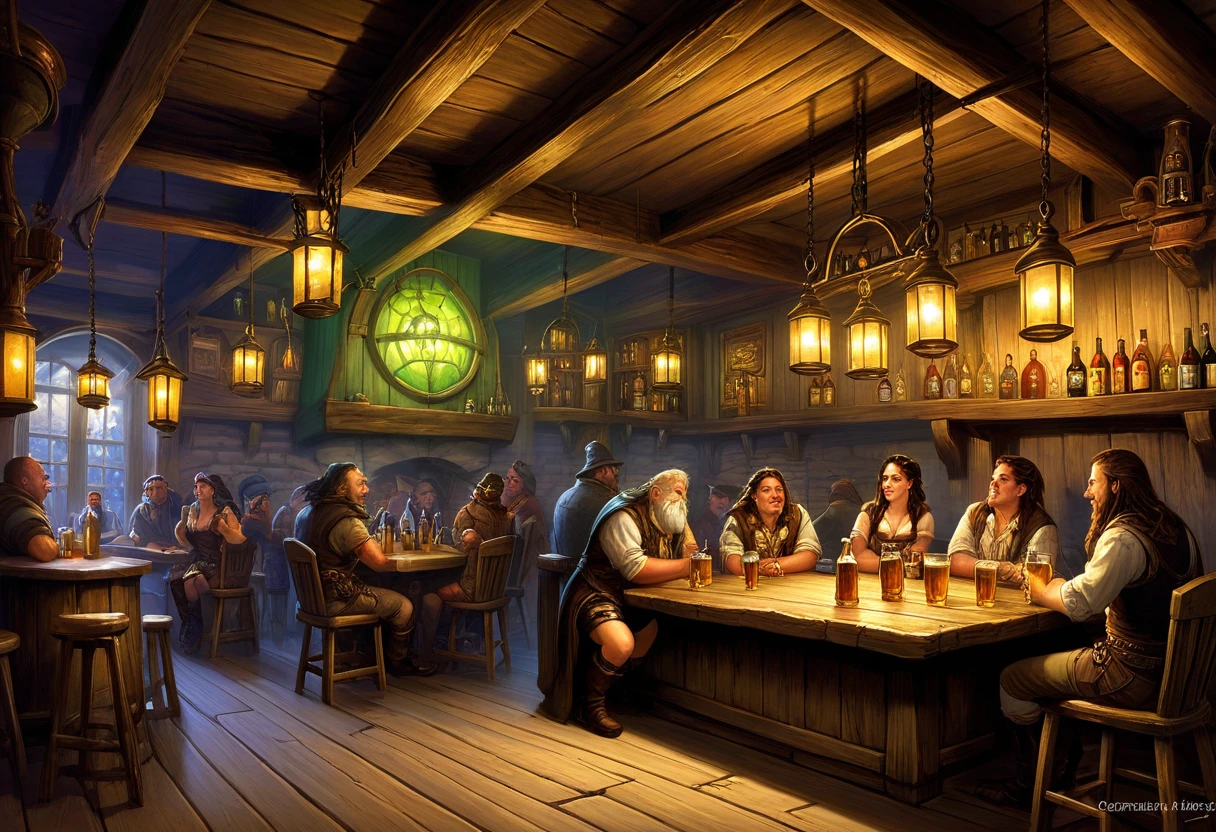 ((anime Infinite Status art, 8k, epic quality)). The theme is Final Fantasy Tactics. It's night. The setting is a large old medieval tavern, very detailed, wooden furniture, wooden walls with chandeliers completely illuminating the scene, some windows, wooden floors, there are several people(men and women) from several different classes(knights, clerics, ninjas, thiefs, monks, archers, pirates) partying and drinking a lot of beer around the setting, the focus is a man(31-years-old wizard, bald, handsome face, smiling like a drunk, black beard slightly gray, white skin, brown eyes, strong and short in stature, he wears a pointy wizard's hat and legendary wizard's clothes, he is drinking beer from a mug using his left hand). The atmosphere is festive, funny, cheerful and magical. Complete view of the setting.