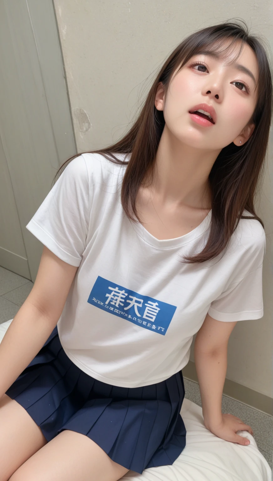 Soft Light, (((Medium Hair:1.3), Short bangs, Floating Hair NovaFrogStyle)), ((ultimate beautiful wife)), 20th Generation, Detailed eyes, (Big eyes:1.3), Lip details, Very detailedな顔, Beautiful and detailed nose, Long eyelashes, ((Big and ample breasts)), Realistic face, Realistic body, Beautiful thighs, (Transparent T-shirt:1.3)、(Blue tight micro mini skirt:1.4)、The chest is wide open、You can see the whole body up to the toes.、stockings、(Sitting cross-legged:1.3), With background:((Cafes in Ginza, Tokyo))、(RAW Photos, highest quality), (Realistic, Photorealistic:1.3), Very detailed, A light smile, Very detailed, High resolution