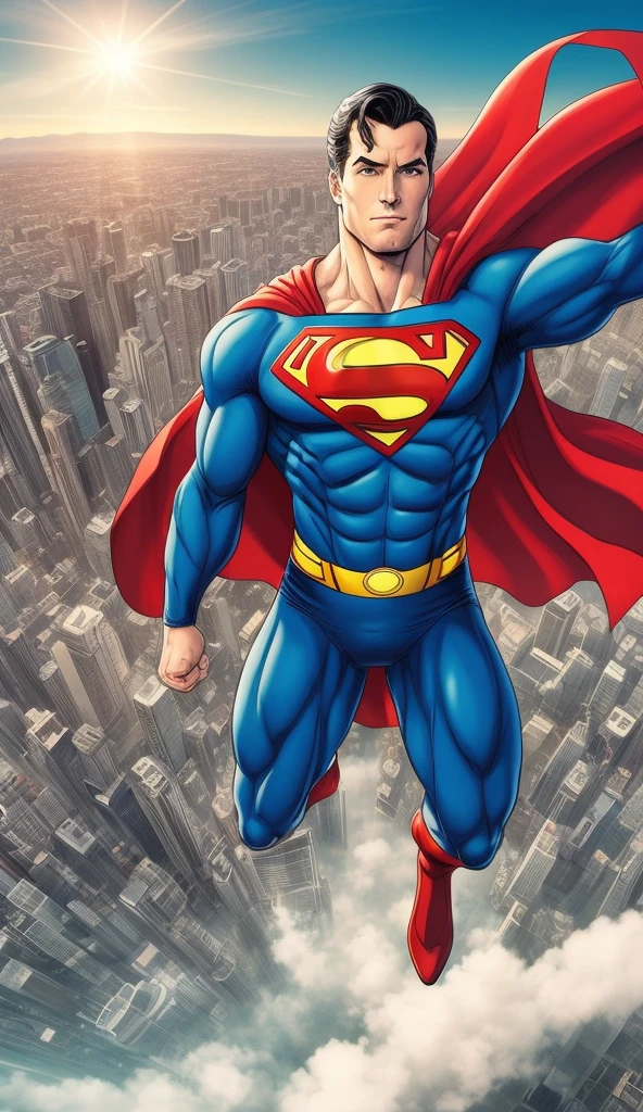 The background shows a sprawling city far below, with buildings, clouds, and the horizon stretching out as Superman hovers in mid-air, seemingly in control of everything around him. The daylight sky is a clear, bright blue, with the sun casting strong rays that shine off his suit, creating a glow around him, reinforcing his larger-than-life presence.