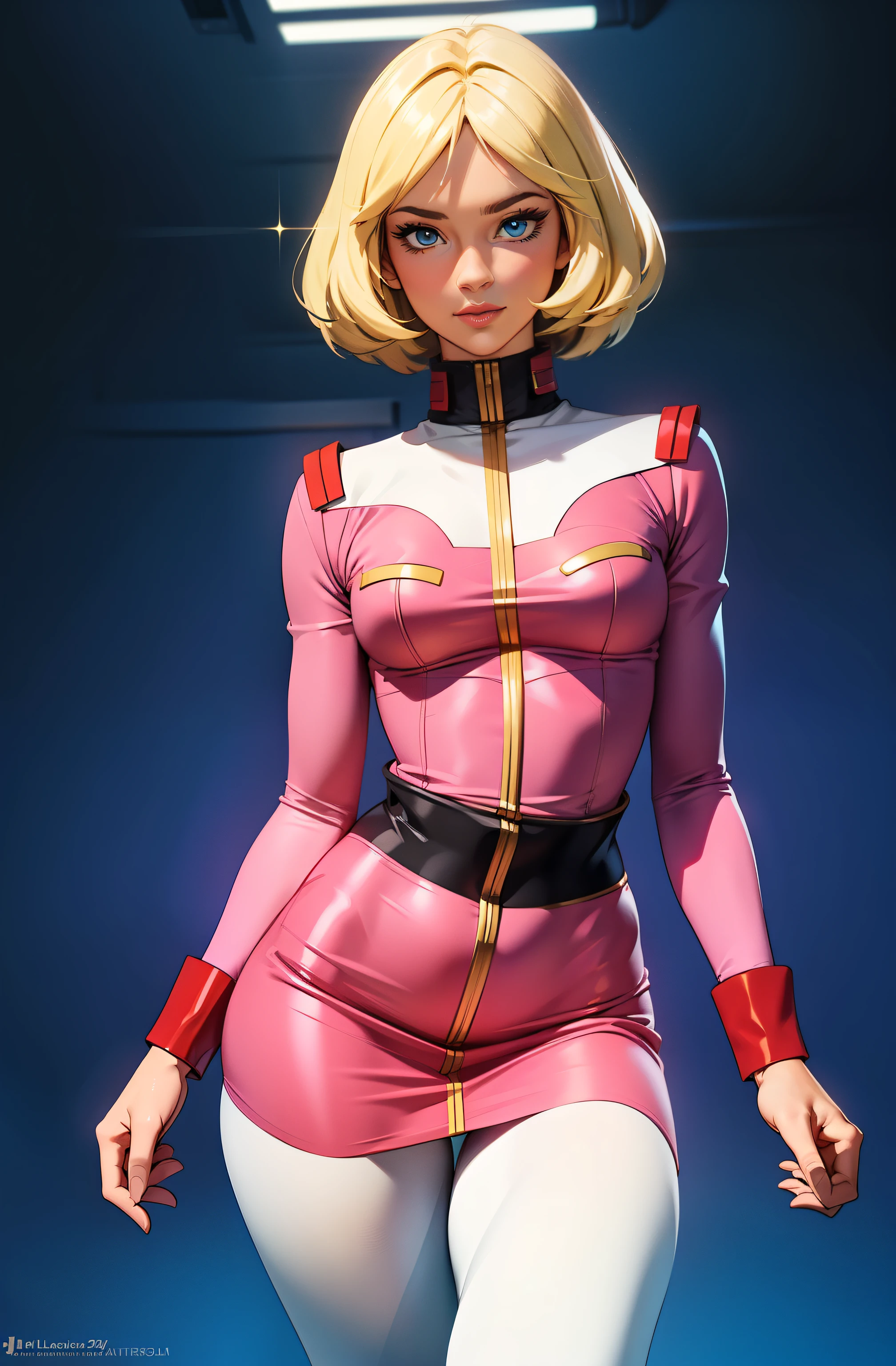 ((masterpiece)), ((cinematic lighting)), realistic photo、Real Images、Top image quality、1girl in, sayla mass, Elegant, masterpiece, Convoluted, slim arms, wide hips, thick thighs, thigh gaps, Best Quality, absurderes, high face detail, Perfect eyes, mature, Cowboy Shot, , Vibrant colors, soft pink uniform, soft pink Skirt, white tights