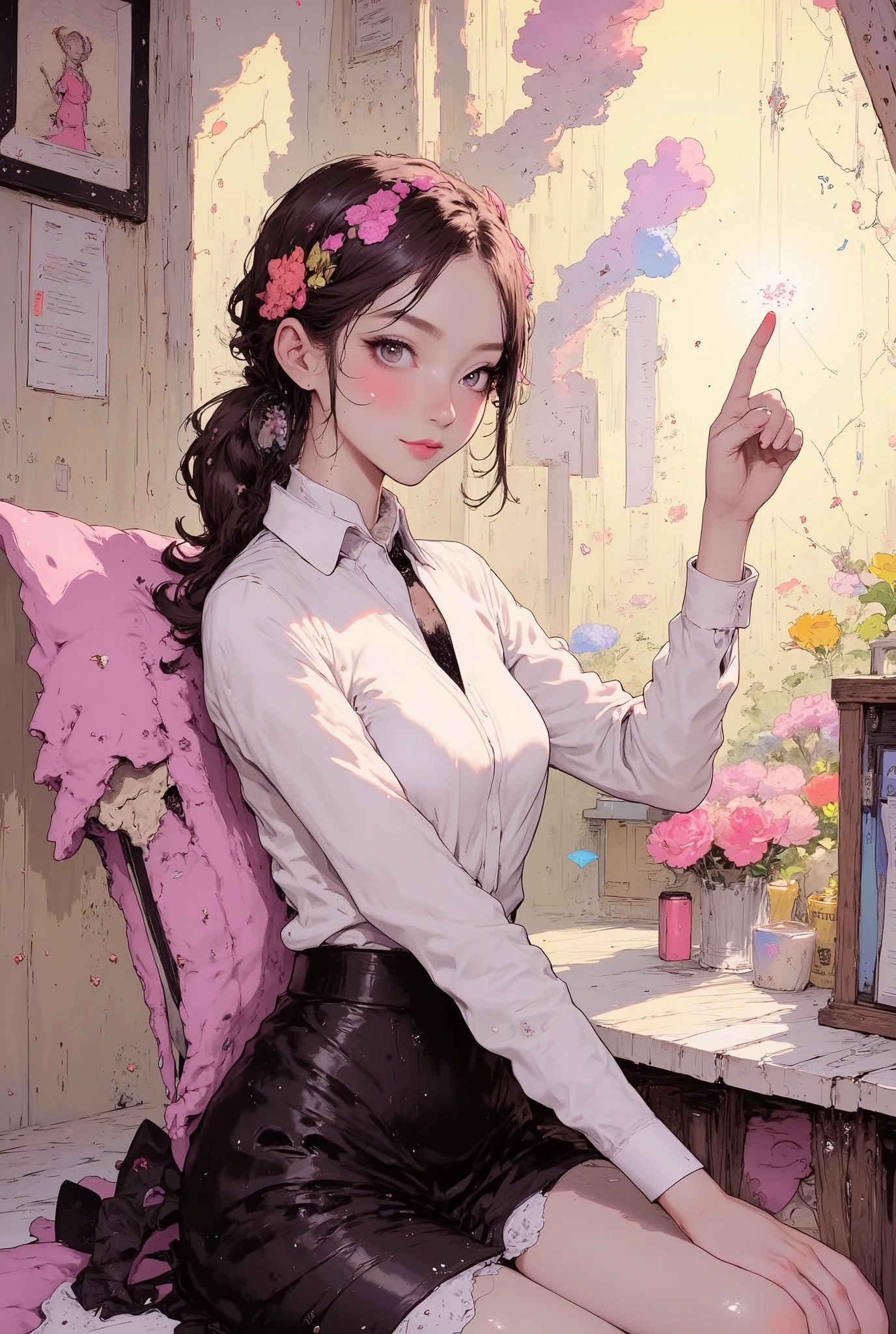 (((Macro))), close up shot : 1.8, profile, (((side view))), from side, 1 girl, detailed person, realistic depiction, (masterpiece, highres, high resolution:1.2), (business suit jacket, white shirt : 1.5, business tight mini skirt : 1.5), ((brown low ponytail hair)), blushing, smile, ((Pointing with index finger.)), (((all five fingers))), (Anatomically correct), ((huge breasts)), High Definition, Accurate, top quality, High Definition model, (intricate details : 1.1), beautiful detailed, (((Stylistically diverse))), detailed scenes, quirky twist, unique visuals, clouds, and flowers, abstract, surreal Painted light, Pastel colours, Isolated subjects,innocent colours, Soft Lighting, detailed and intricate environment, A masterpiece, tracing effects, oil painting aesthetic, heavy brush strokes, mystical allure, Oil painting Impressionistic, Impressionistic. Beautiful details, stylized art aesthetic, Broken Glass effect, stunning, something that even doesn't exist, mythical being, energy, molecular, textures, iridescent and luminescent scales, breathtaking beauty, pure perfection, divine presence, unforgettable, impressive, breathtaking beauty, Volumetric light, auras, rays, vivid colors reflects, (((Macro))), close up shot : 1.8, (((from above:1.8))), The background of the office has, bright sunlight shines through the window,