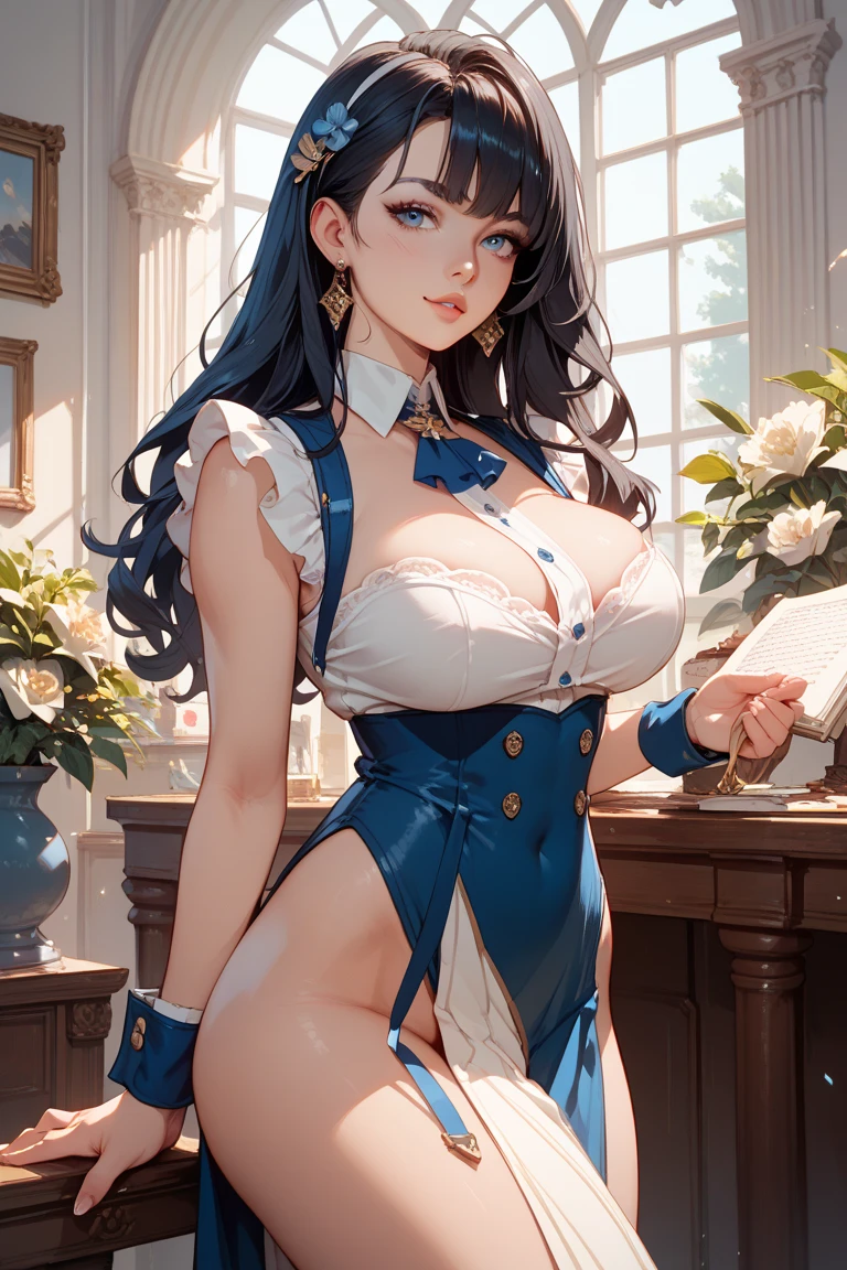 Masterpiece, Beautiful art, professional artist, 8k, art style by sciamano240, Very detailed face, detailed hair, Detailed clothing, detailed fabric, 1 girl, perfectly drawn body, beautiful face, wide, light blue fur , highly detailed blue cat eyes, wearing teacher clothes, thigh high boots, tube skirt, glasses, looking angrily over glasses, sensual lips , pink cheeks, school environment, detailed background, board , show details in the eyes, close up view, looking at the viewer, angry expression, ceñudo, holding the ruler,