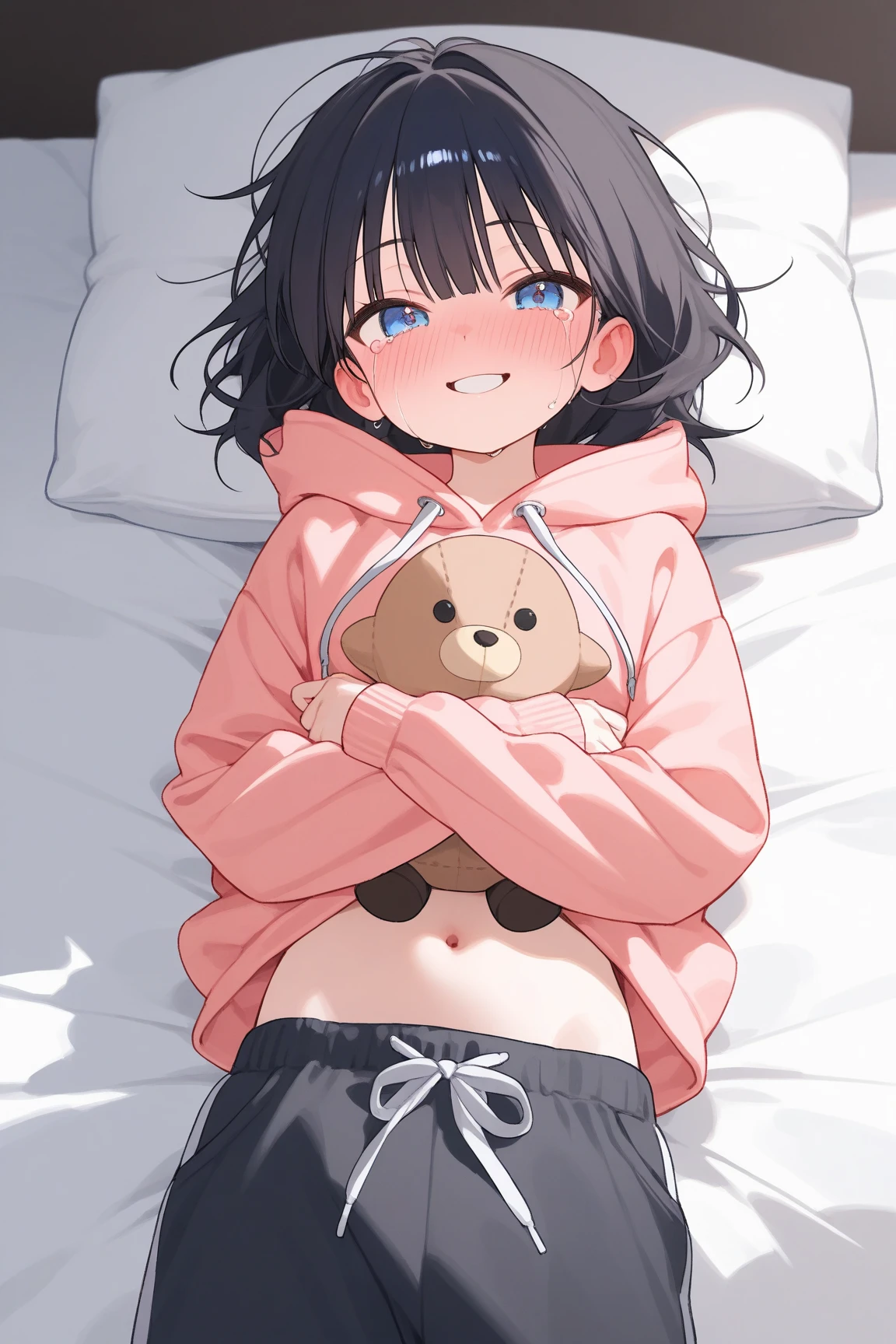 Big curly hair, lying in bed, masturbating, having orgasm, hugging a bear Plush, Dolphin shorts, pajamas with drawings,Having an orgasm,wer pussy