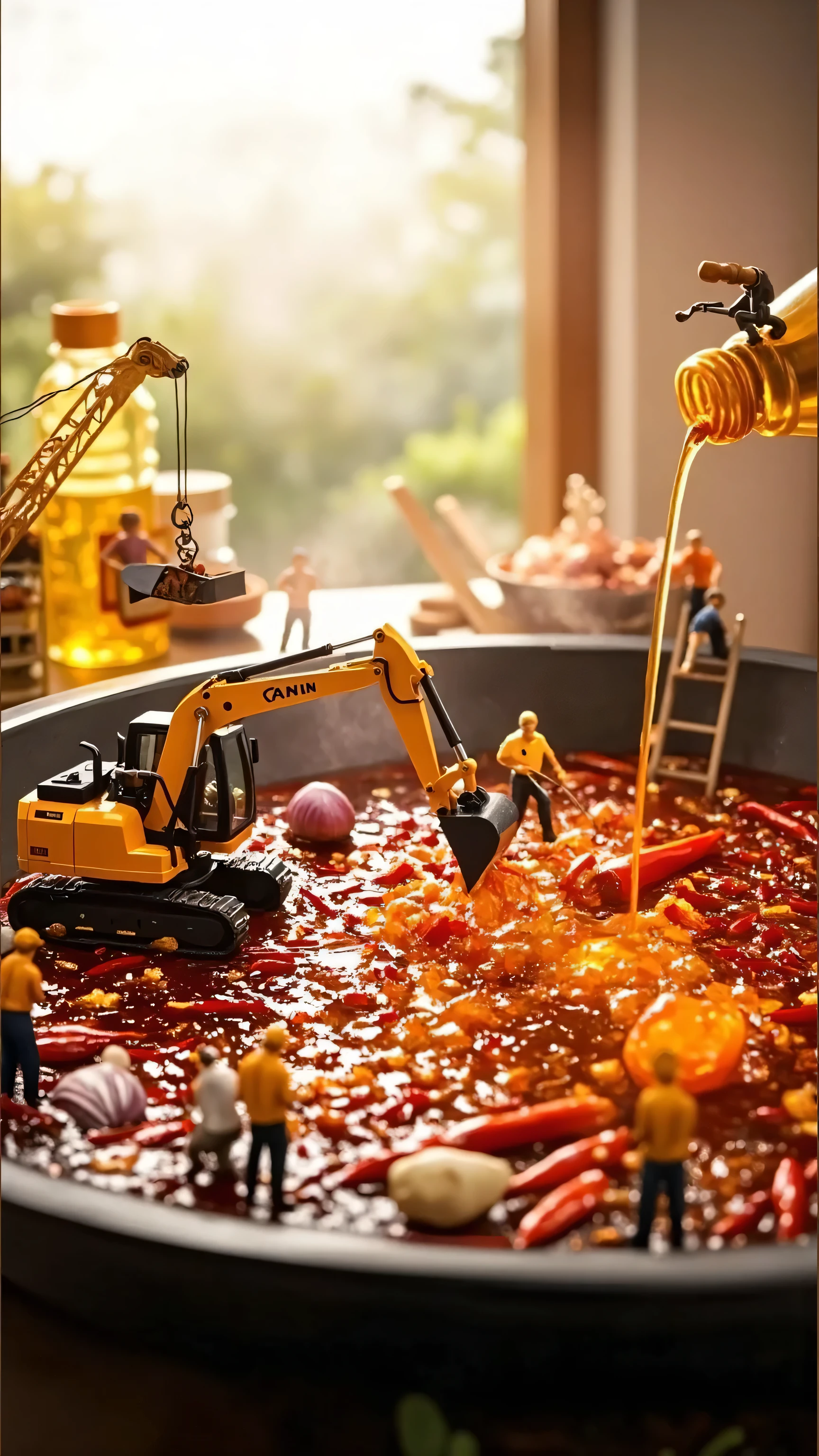 Miniature Landscape,Macro Photography,Lilliputian perspective。and a super large pot occupies the center of the picture,Controlling the mini excavator,when fully covered with chili peppers、Sichuan peppercorn、Garlic and onions,is colorful and has a strong smell。, the pot is warmly frying the hot pot base,busy working in their respective positions。Some little people hold sophisticated tools,meticulously stirring the base;steady,shuttles between the substrates;and others are proficient in operating the robotic arm,Slowly pour Kim's rapeseed oil into the pan,The hot oil collides with the base,splash tiny oil blossoms,The whole scene is like a micro-industrial feast in full swing,Full of fantasy and shock。