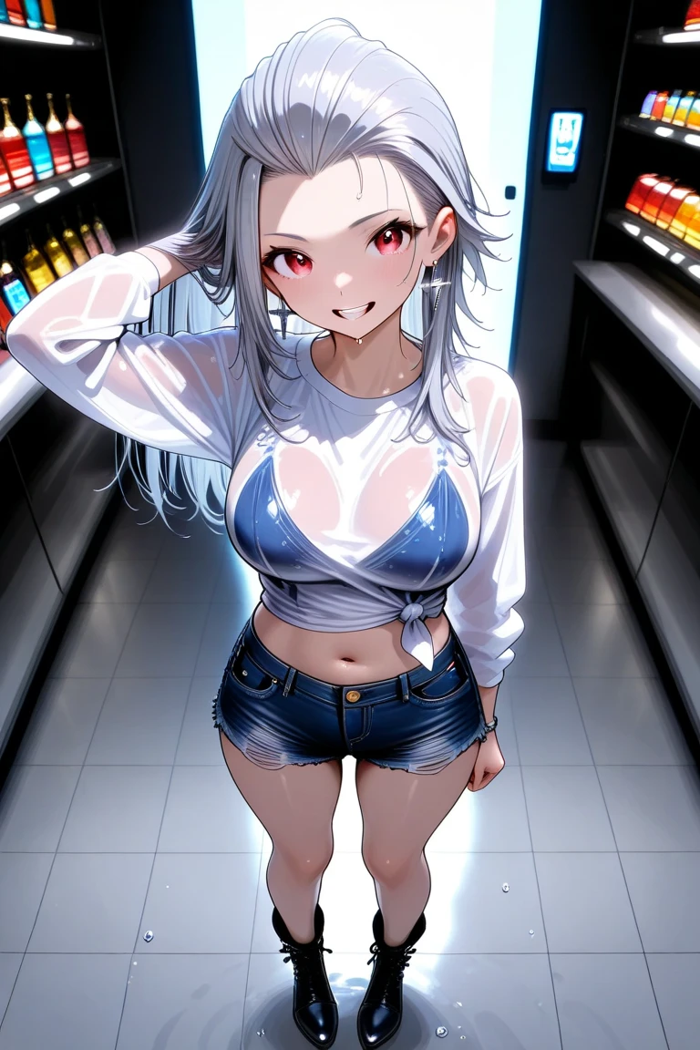 high-key and low-variance brightness scale,soft light,realistic light and shadow, light and dark interlaced,(from below:1.3),underboob focus,looking at viewer,dramatic angle,(solo:1.6)
(masterpiece),(best quality),(highres),(by famous artist),(((official art))),(by Paul Hedley),(illustration),
1girl,(frieren:1.6),(elf:1.4),fashionable female
(small breasts:1.3),(underboob:1.5),(whole body),(round face),(pointy ears),(slim legs),(skinny body),(detailed beautiful face),lustrous skin,shiny skin,(articulated fingers),navel,midriff,thick lips
(white tank top:1.4),(thong:1.4),(frayed denim shorts),(white socks),(sport shoes),(off shoulders),(belly chain),belt,hair ornament,heart-shaped earrings,silver bracelet,black choker
indoor,(clothing store:1.4),(multiple clothes),small items on display,various accessories,jewelry,earrings,makeup,collarbone necklace,headpiece,
((seductive smile)),blush,((standing)),bent over,hand on hip,(Blowing A Kiss From single Hand :1.6),
(sunglasses:1.2),(green eyes)
(white hair),long hair,twintails,parted bangs,(reflective hair),