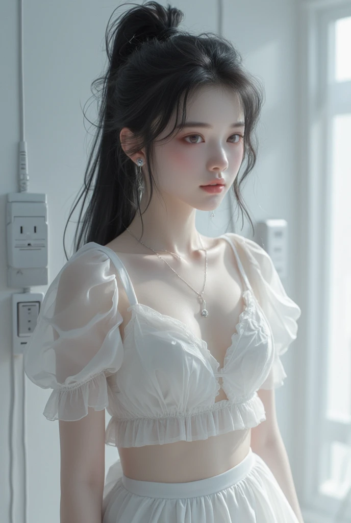 best quality,masterpiece,extremely detailed,high res,4k,ultra high res,detailed shadow,ultra realistic,realistic,dramatic lighting,1girl,solo,detailed face,realistic eyes,realistic skin,white dress,purple hair,dynamic pose, white lace dress