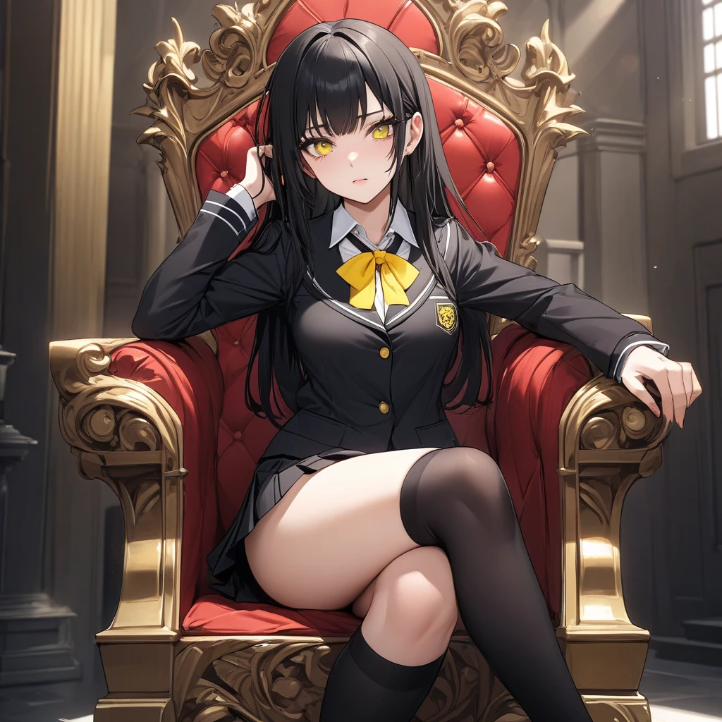 black hair pink eyes villain smile thighs uniform throne long hair